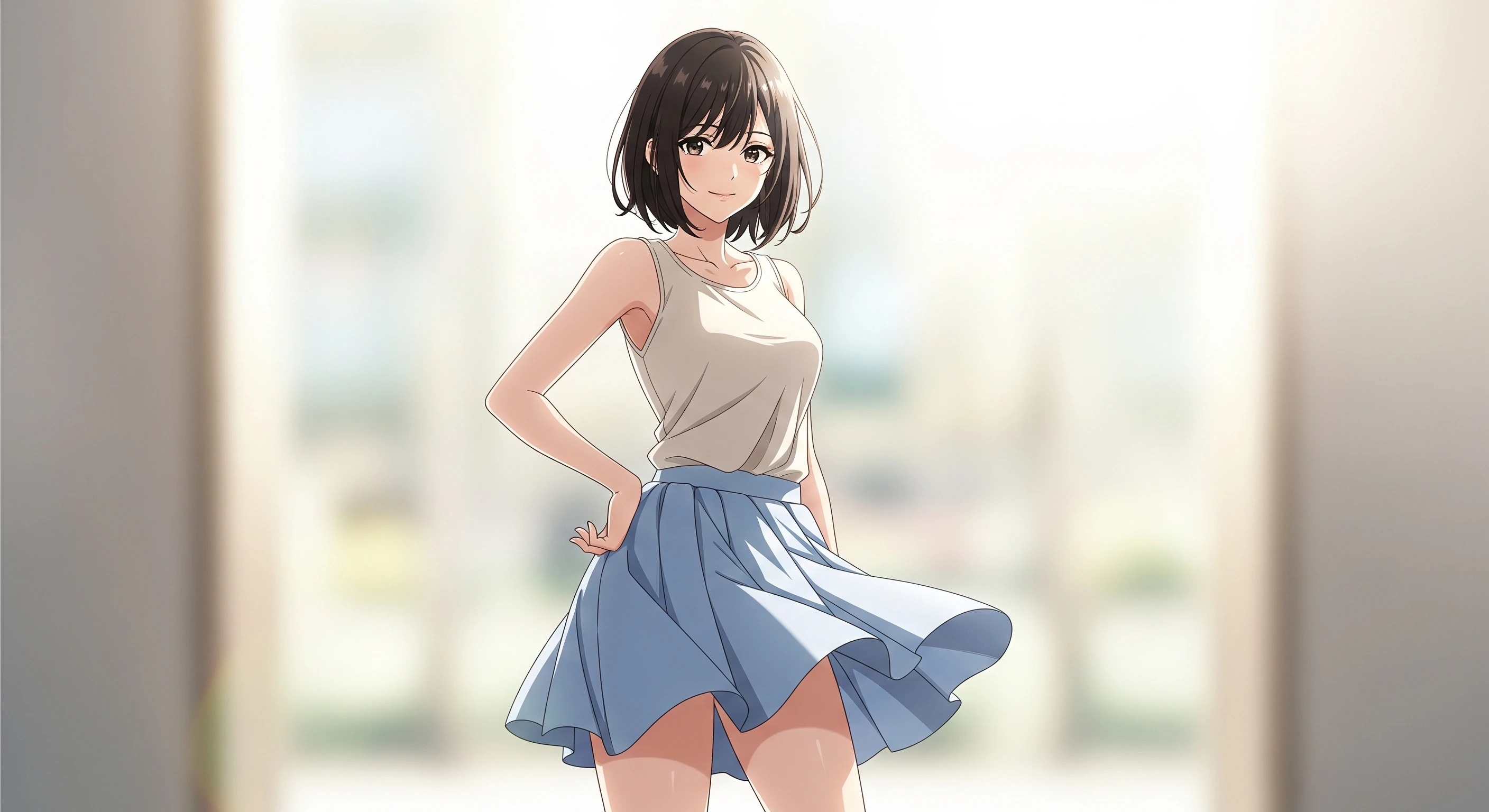Anime Girl with Bob Haircut and Flowing Blue Skirt