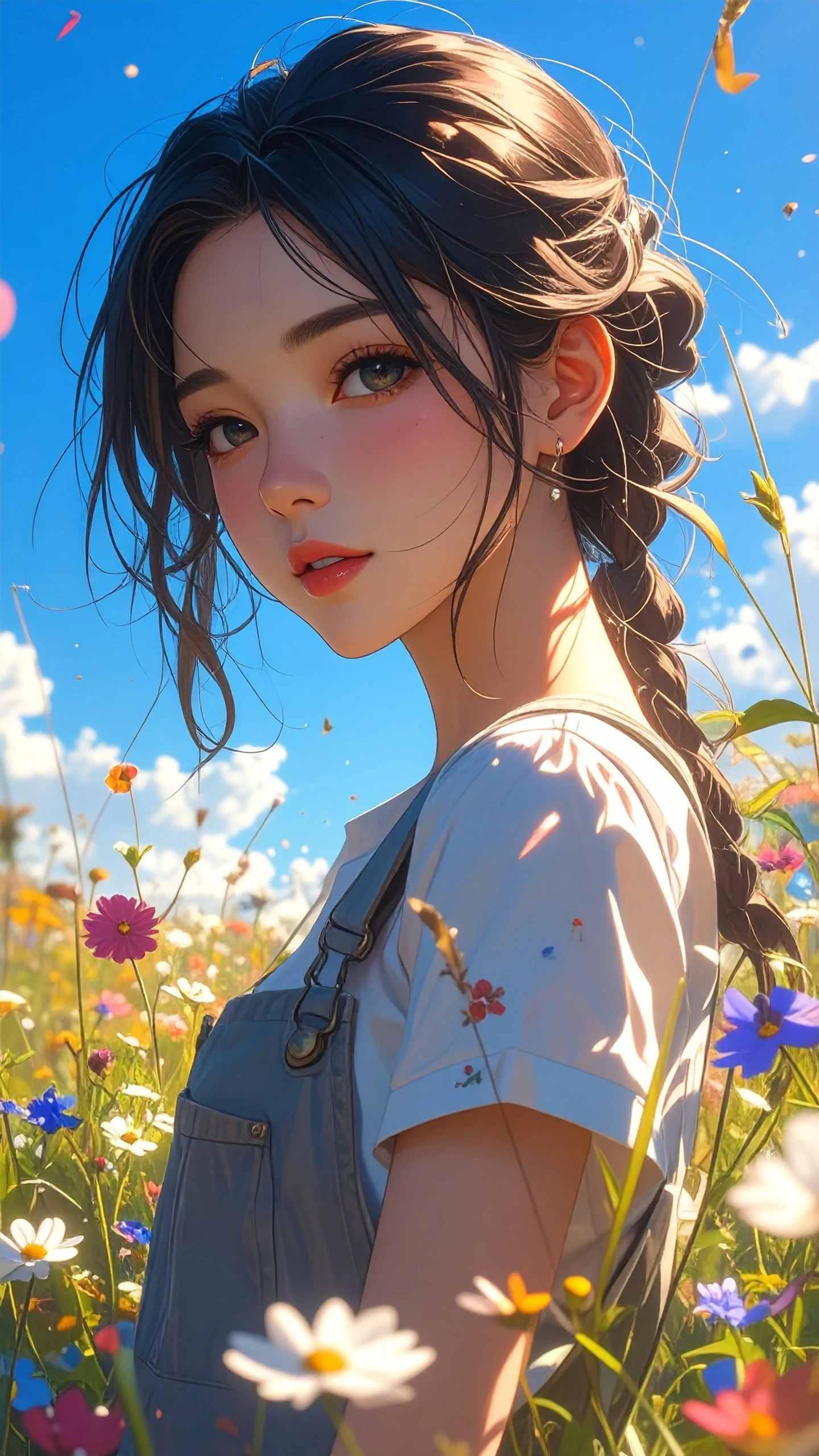 Anime Girl with Braids in a Sunny Flower Field