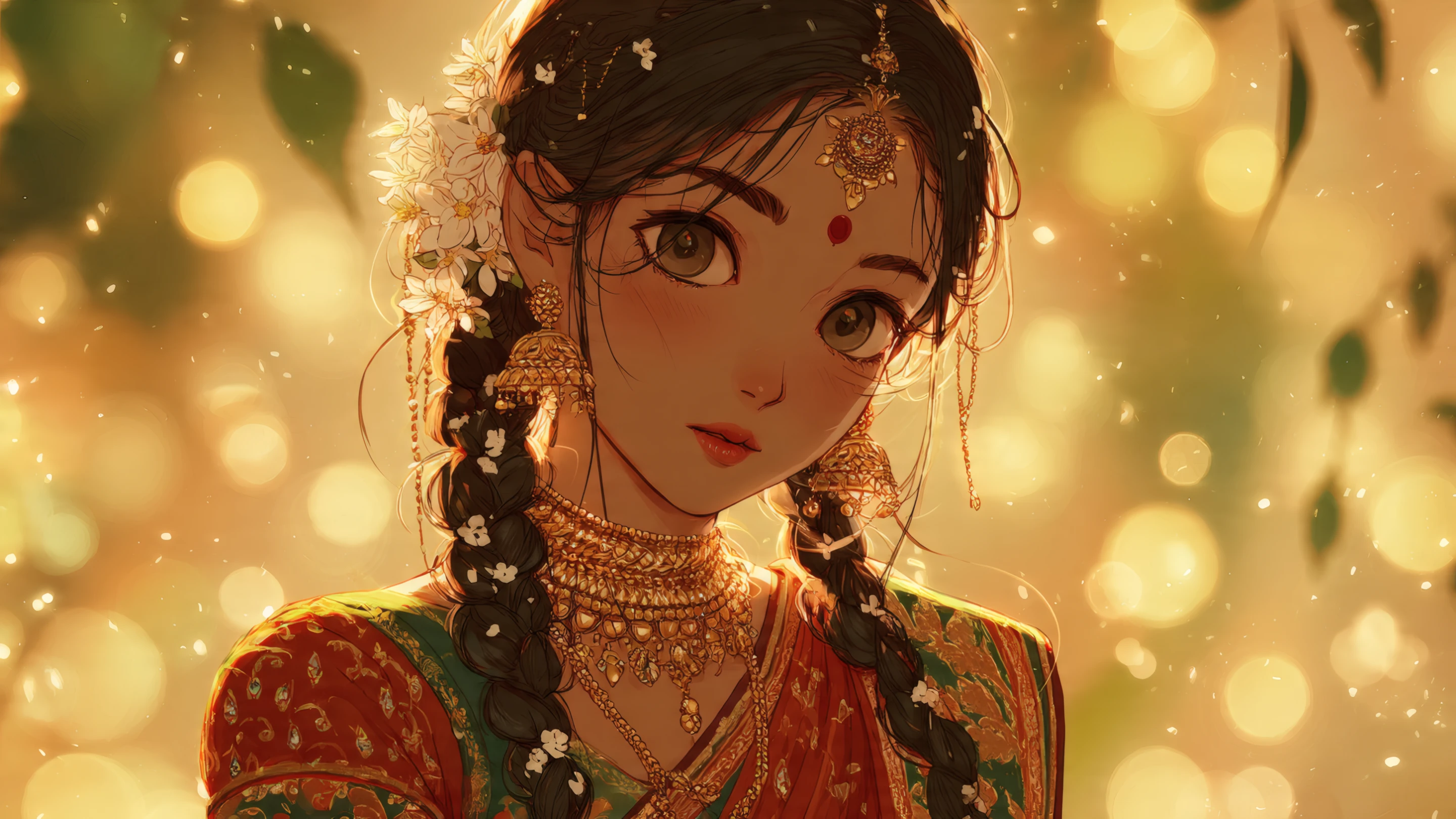 Anime Girl with Braids in Traditional Indian Attire