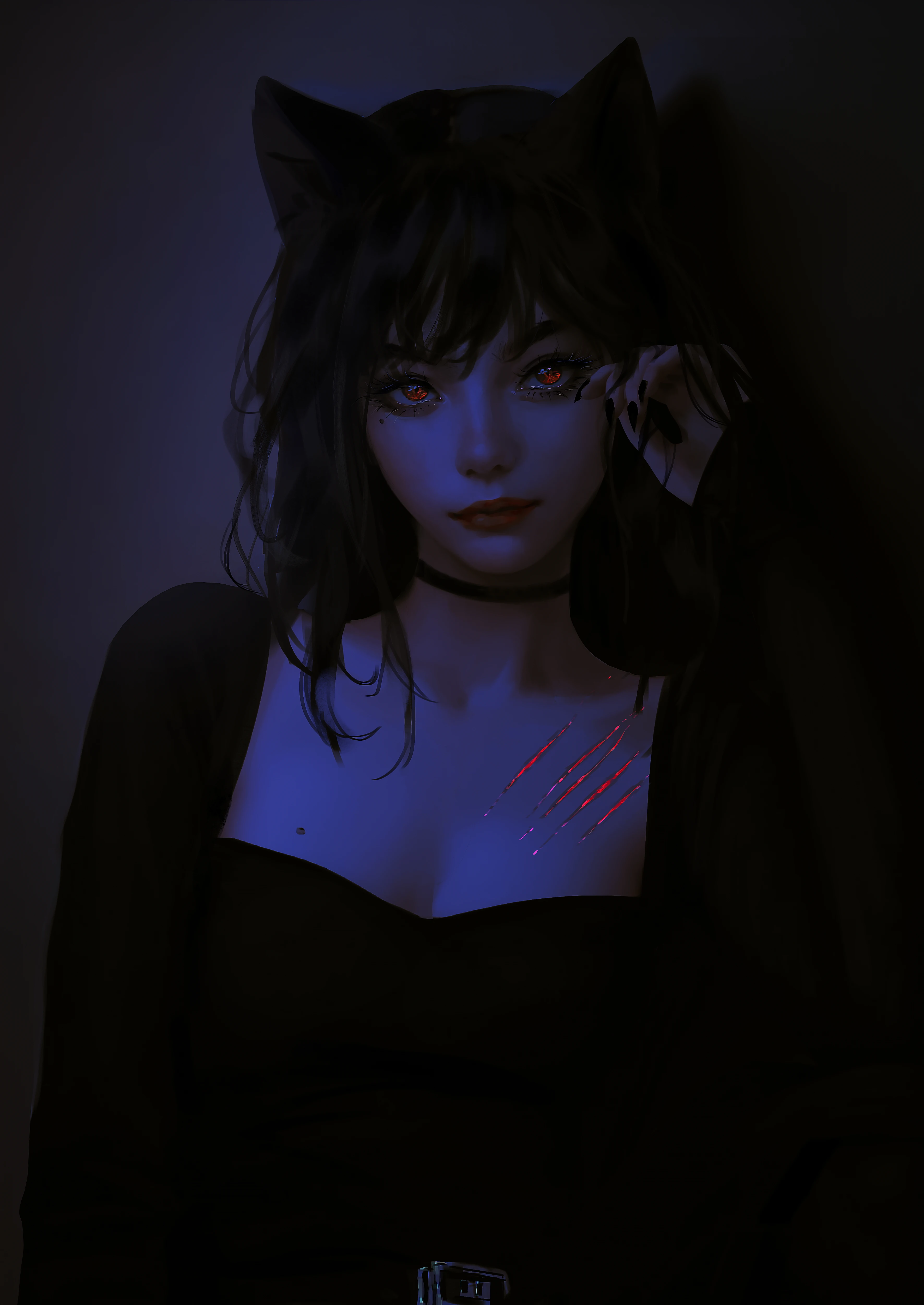 Anime Girl with Cat Ears and Red Eyes in Dark Blue