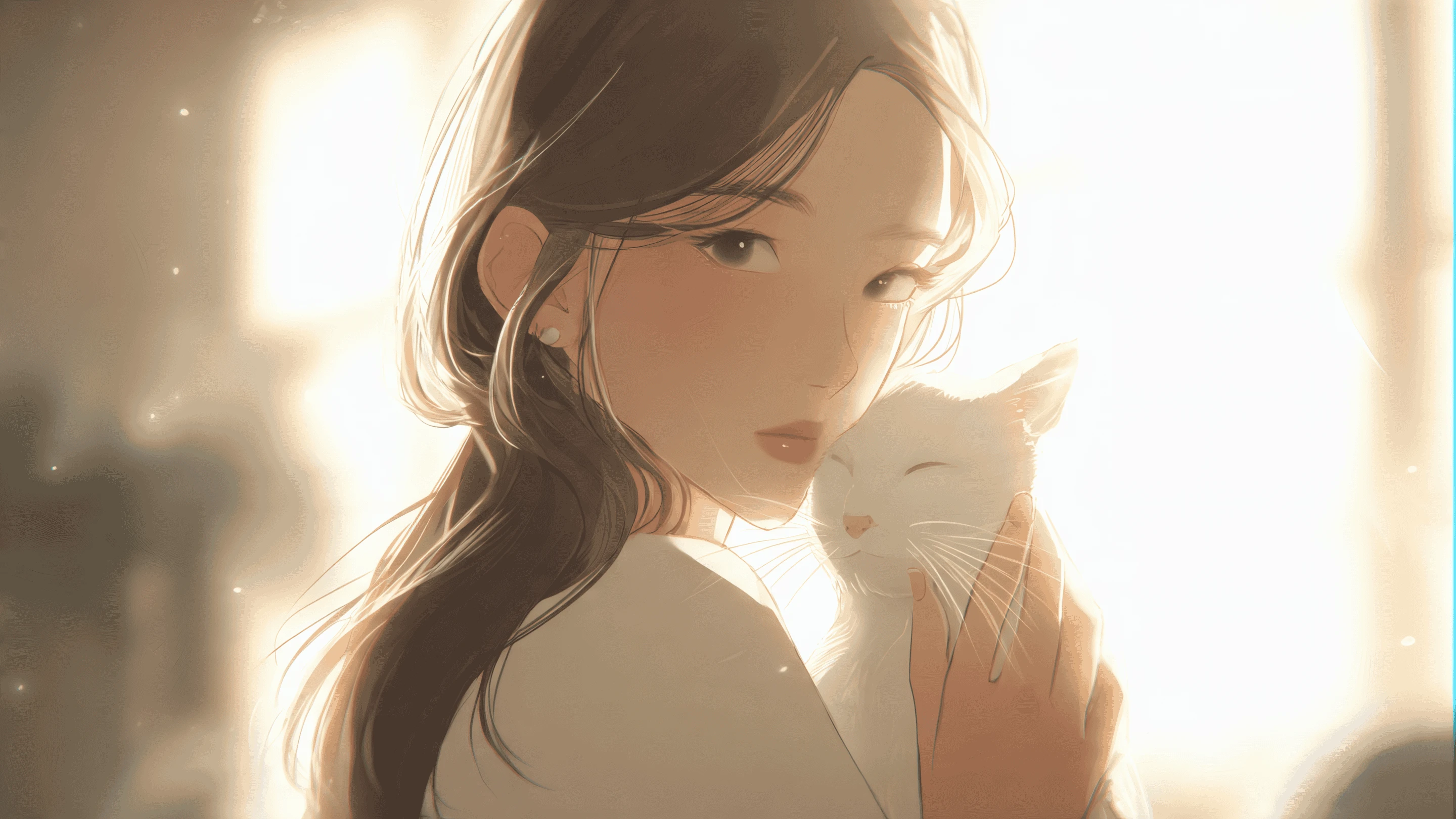 Anime Girl with Cat in Soft Golden Light Illustration