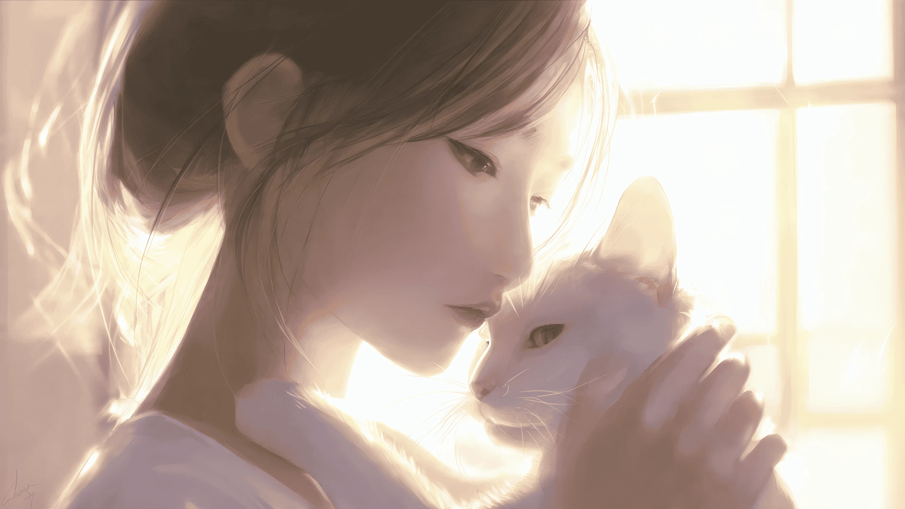 Anime Girl with Cat in Soft Golden Sunlight Illustration