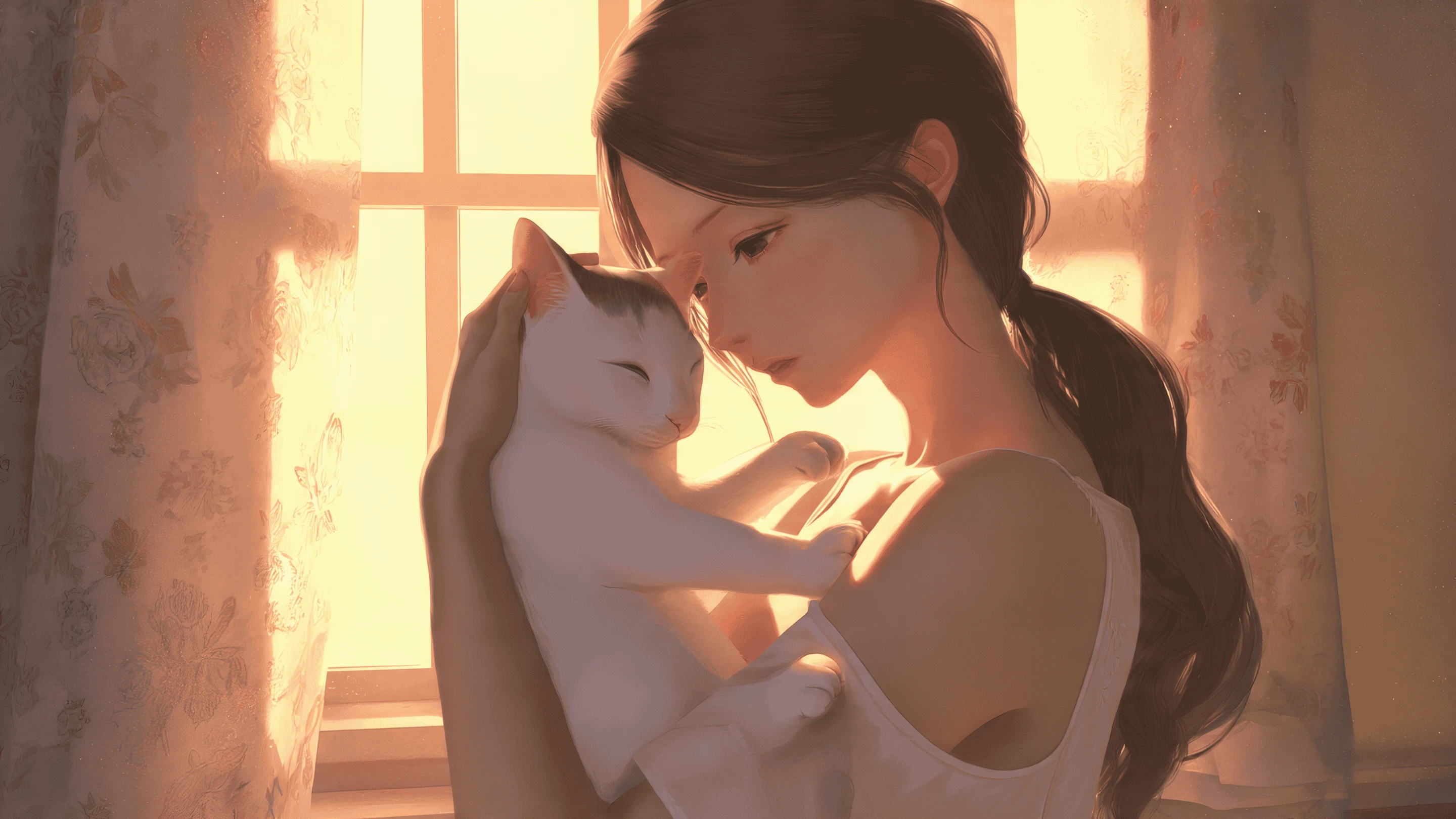 Anime Girl with Cat in Warm Sunset Lighting