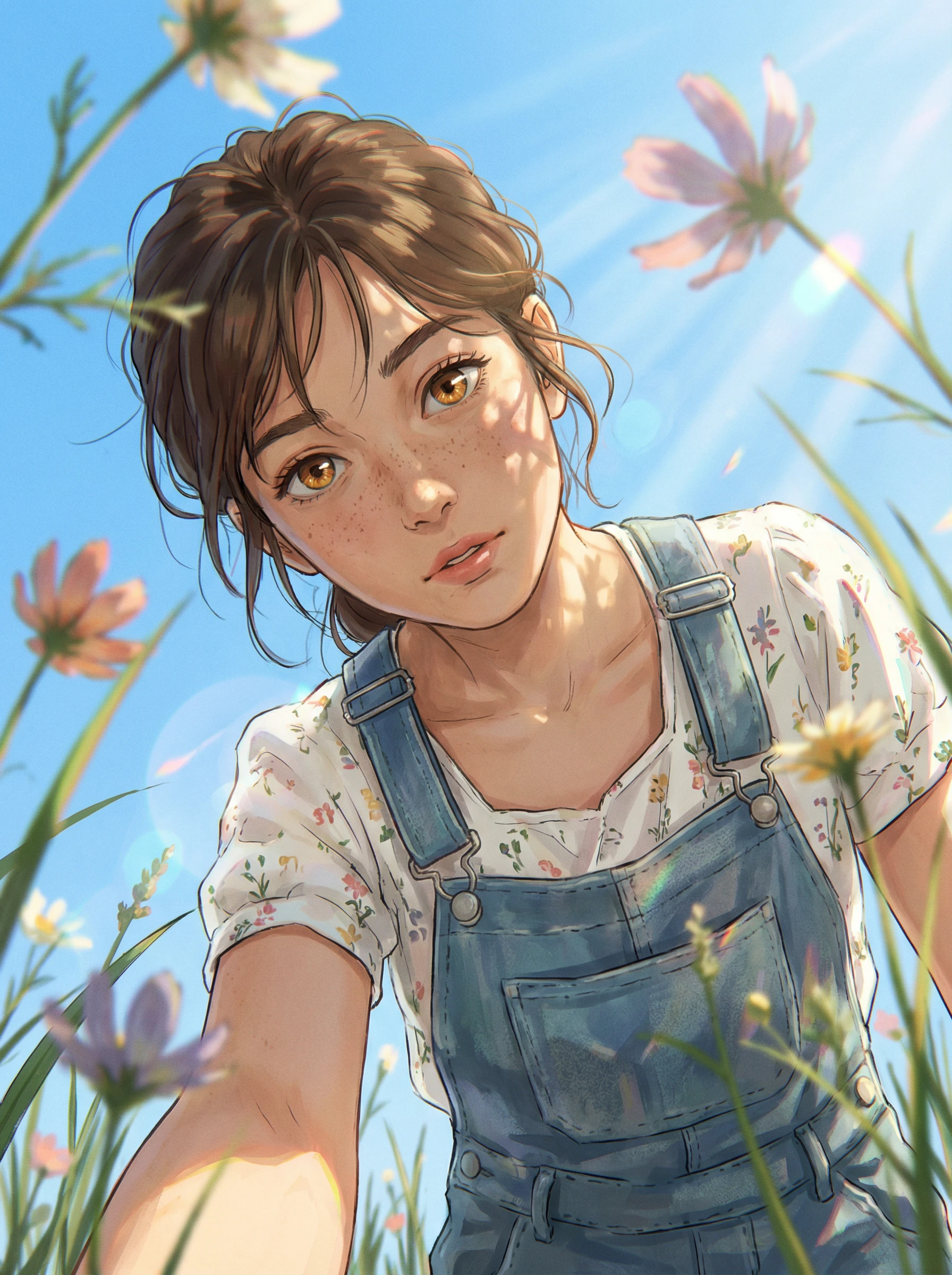 Anime Girl with Freckles in a Flower Field