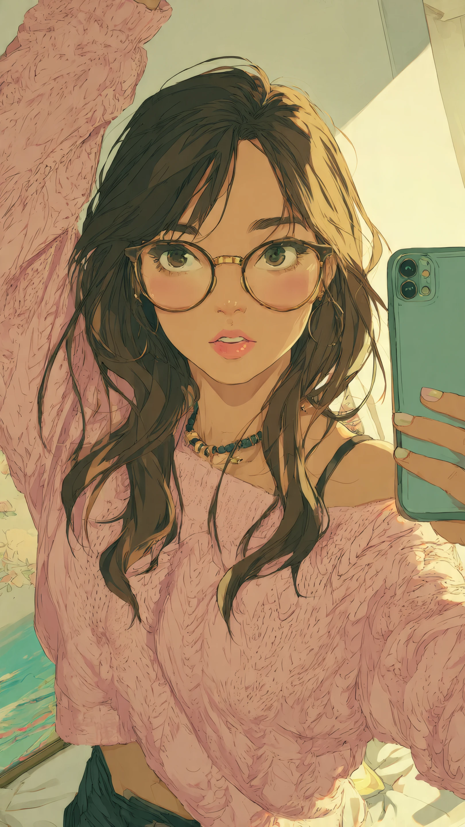Anime Girl with Glasses Taking a Phone Selfie