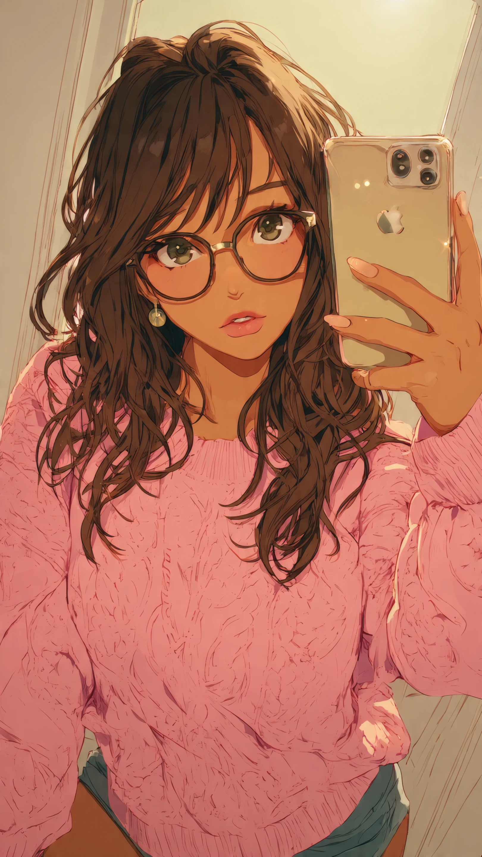 Anime Girl with Glasses Taking Selfie in Pink Sweater