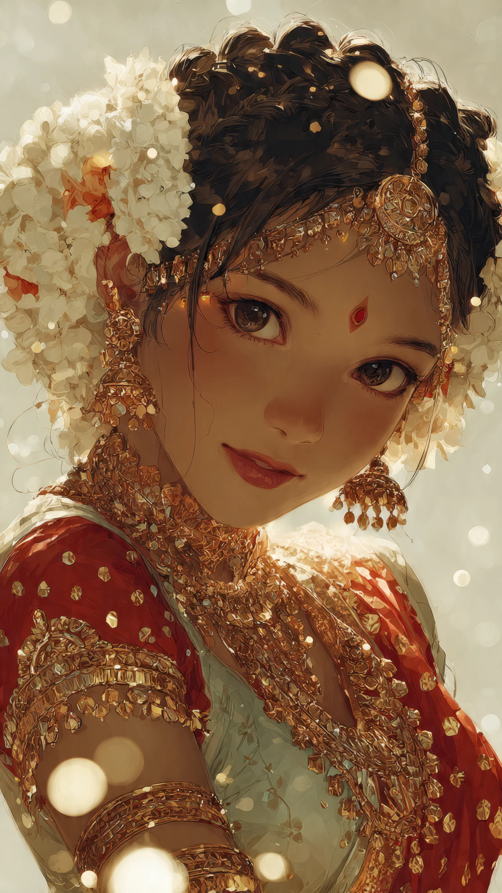 Anime Girl with Gold Jewelry and Floral Headdress