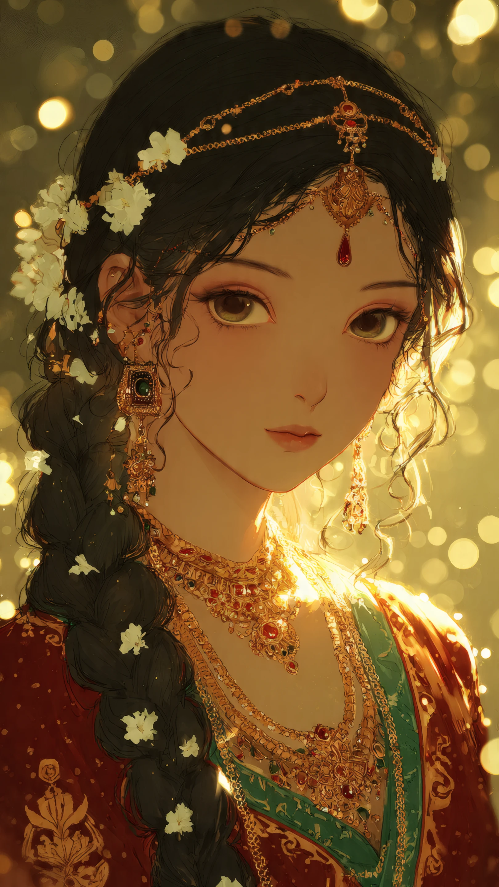 Anime Girl with Gold Jewelry and Flowers in Hair