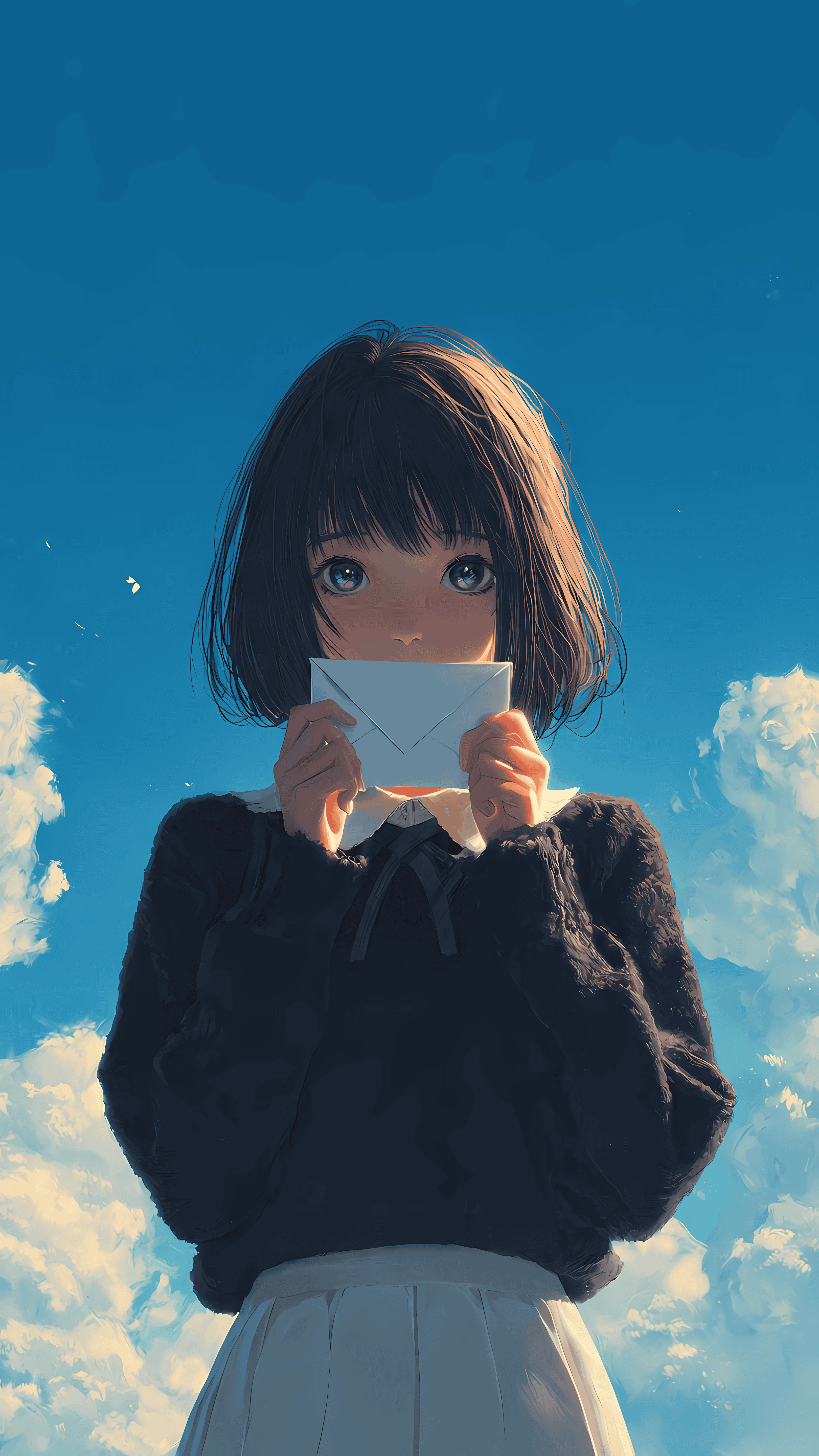Anime Girl with Letter on Cloudscape Backdrop