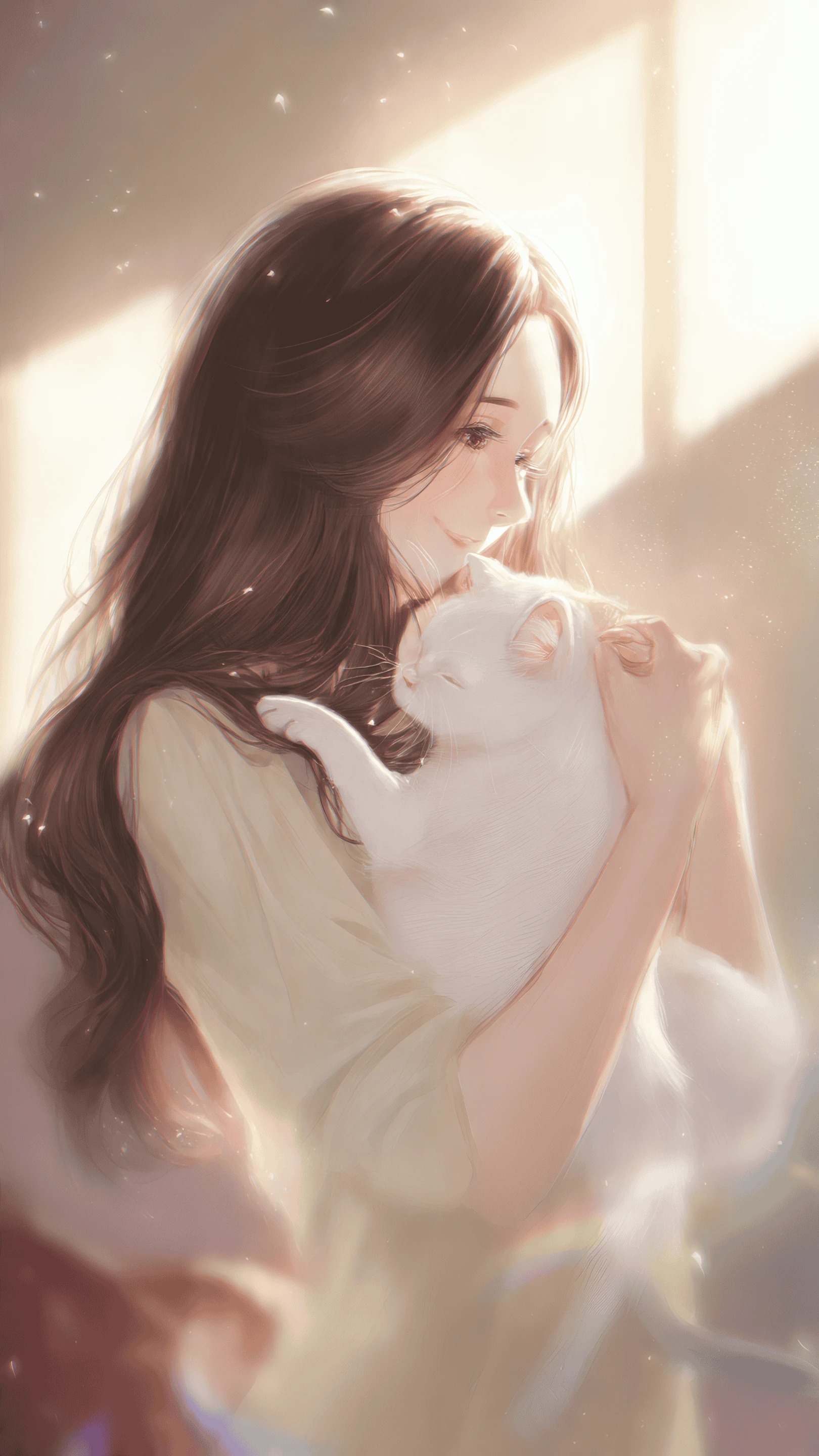 Anime Girl with Long Brown Hair Hugging White Cat