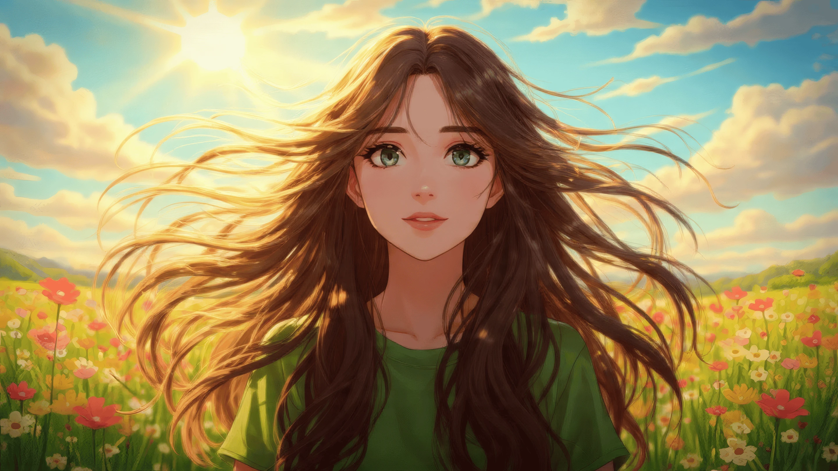 Anime Girl with Long Brown Hair in Flower Meadow