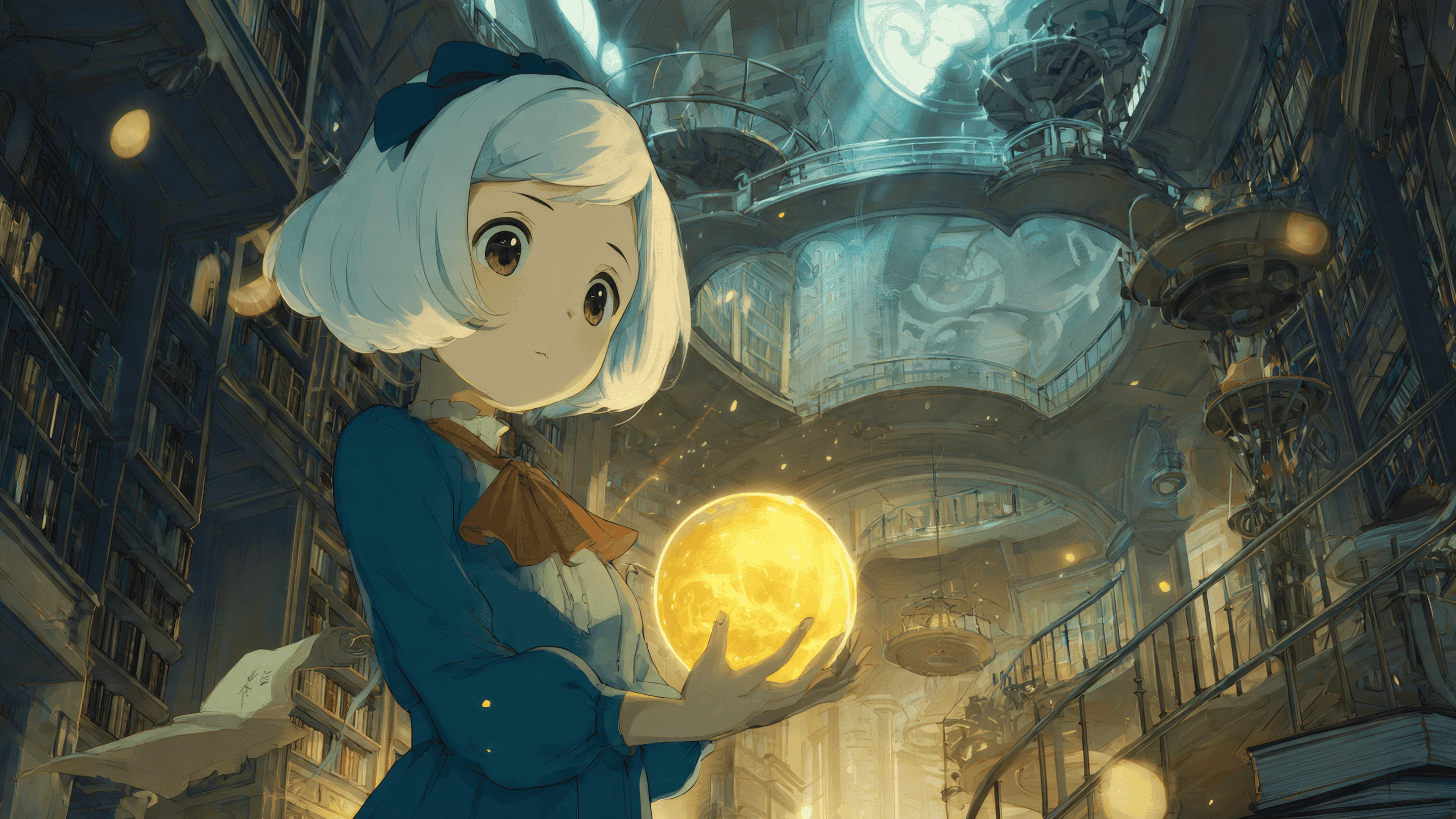 Anime Girl with Orb in Grand Library Setting
