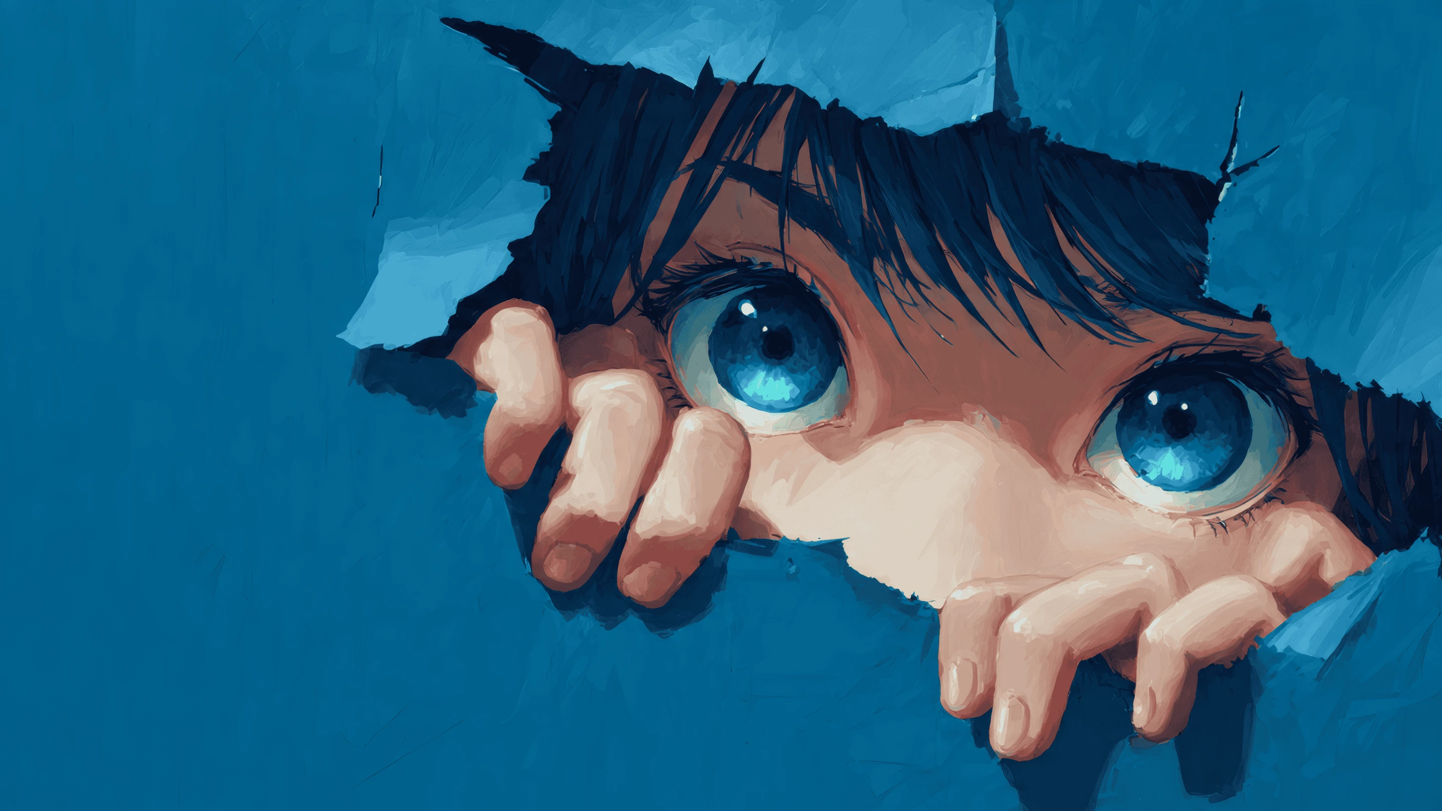 Anime Girl with Piercing Blue Eyes Peeking Through Paper