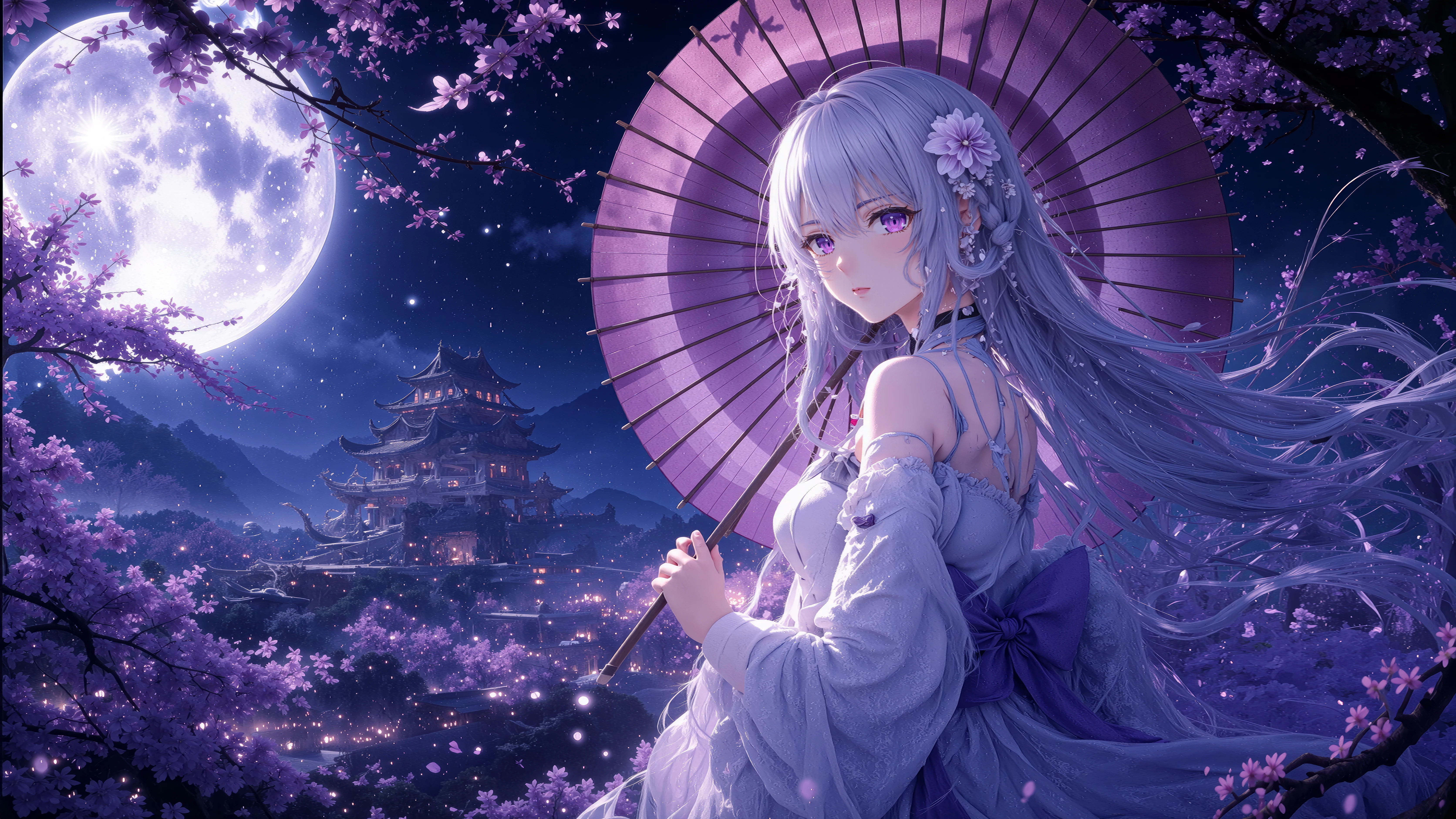 Anime Girl with Purple Parasol Under Full Moon wallpaper 6688x3764