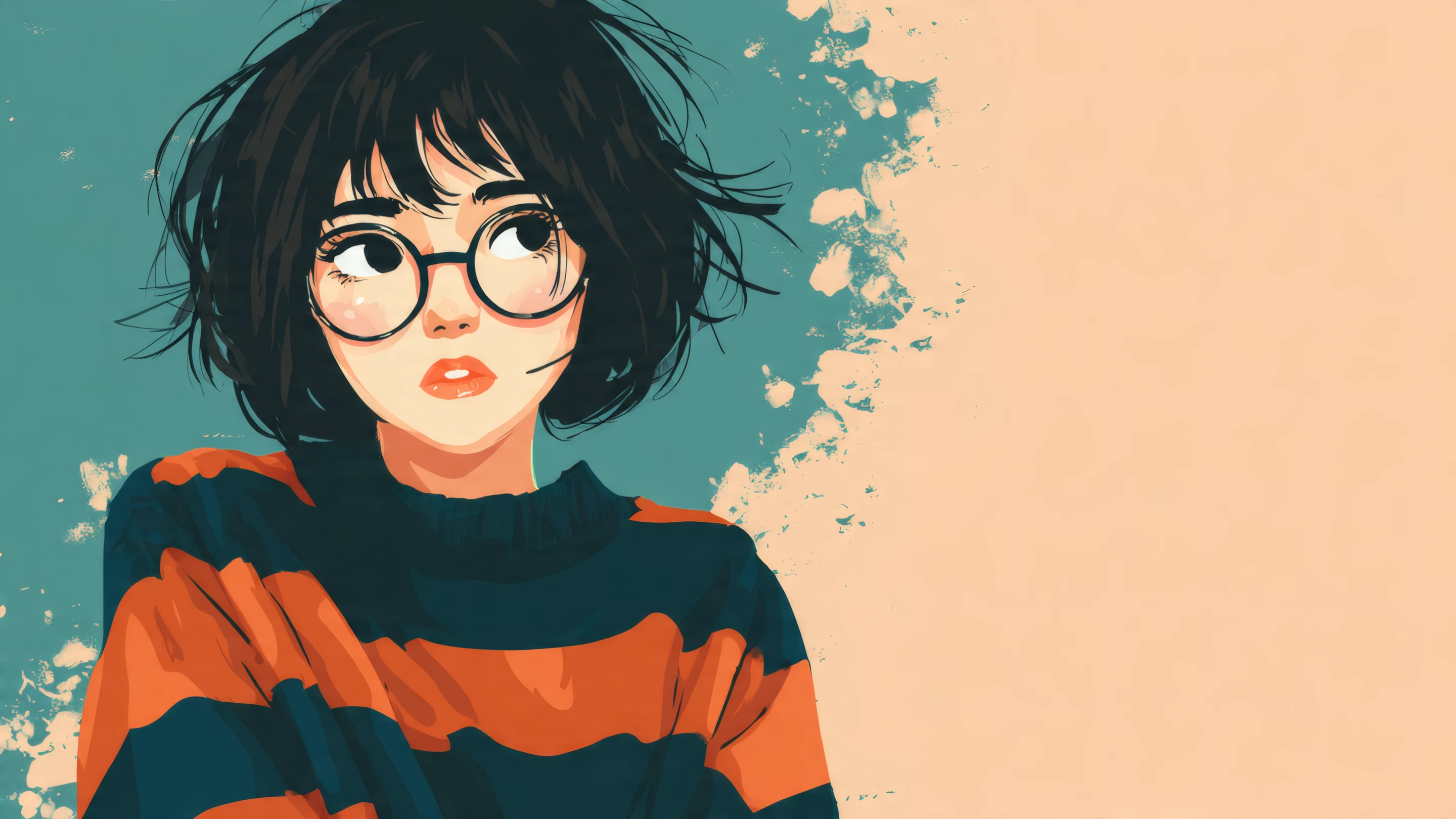 Anime Girl with Round Glasses and Striped Sweater Art