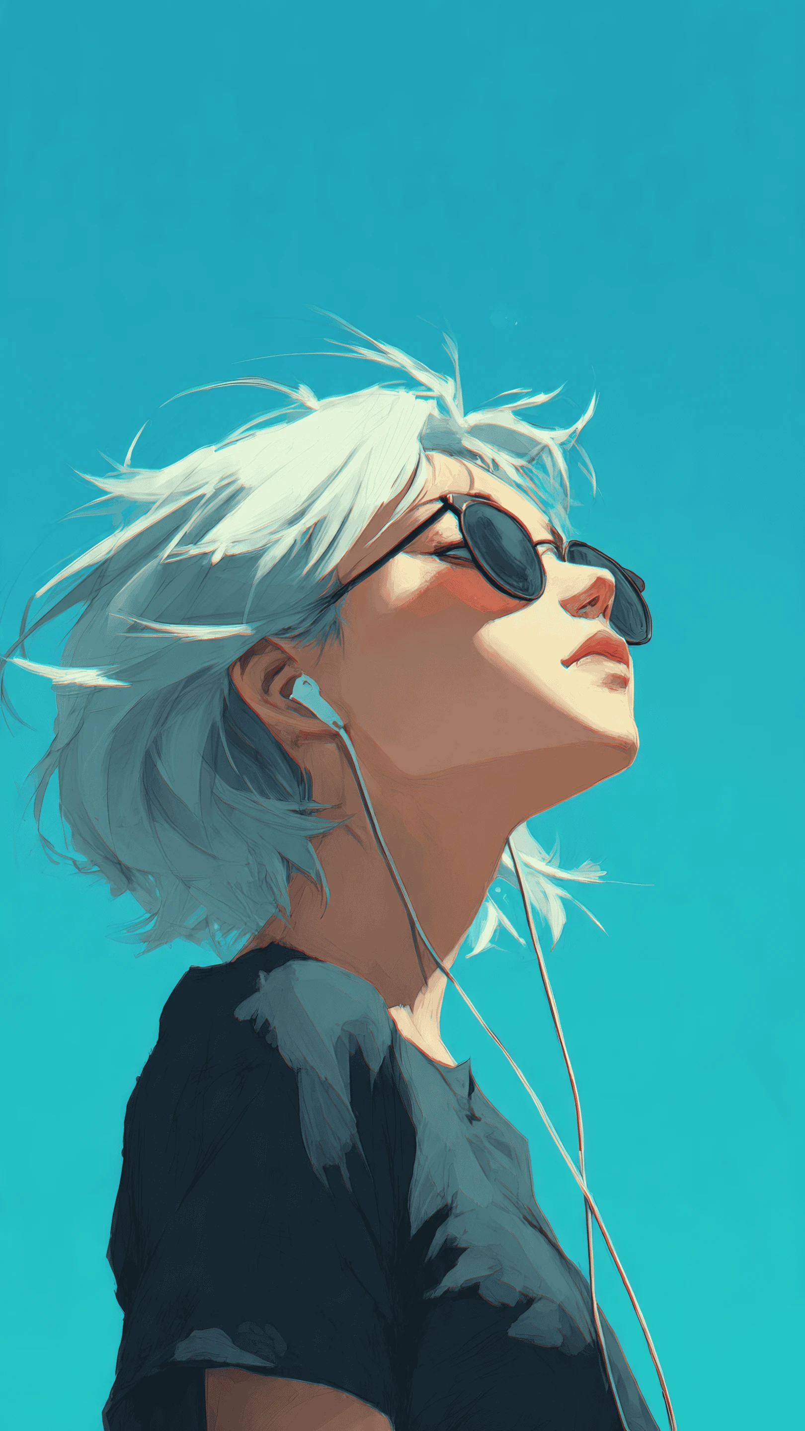Anime Girl with Sunglasses and White Hair Against Blue Sky