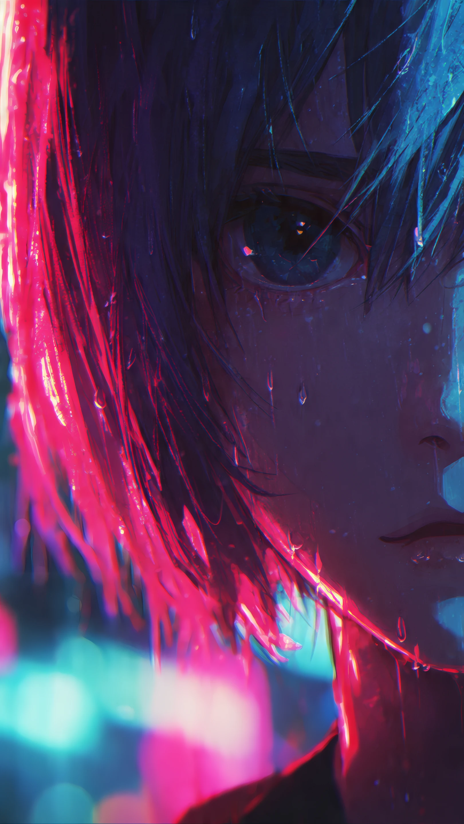 Anime Girl's Face in Neon Pink and Blue Lighting