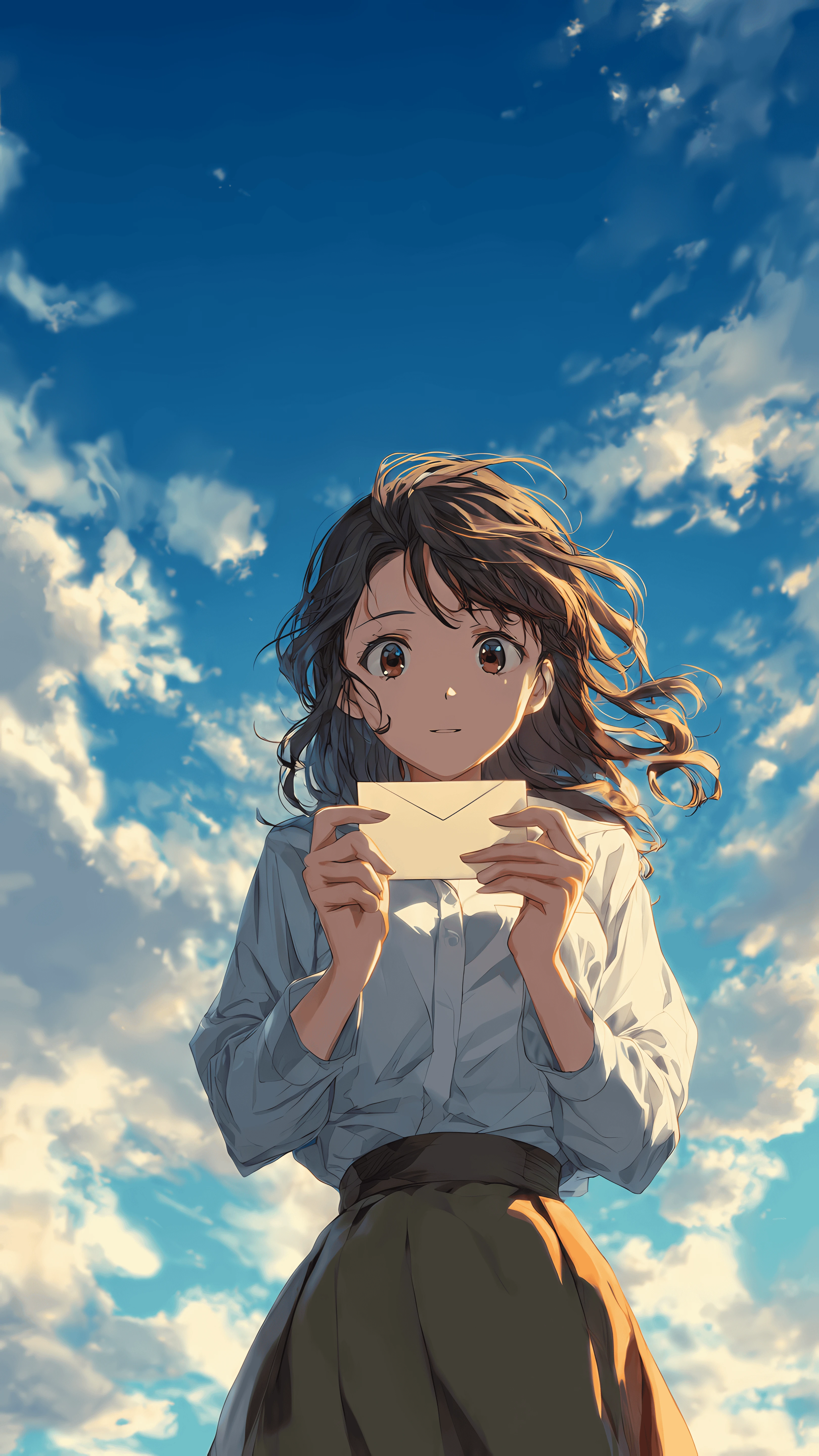 Anime Girl's Heartfelt Letter Under Azure Skies