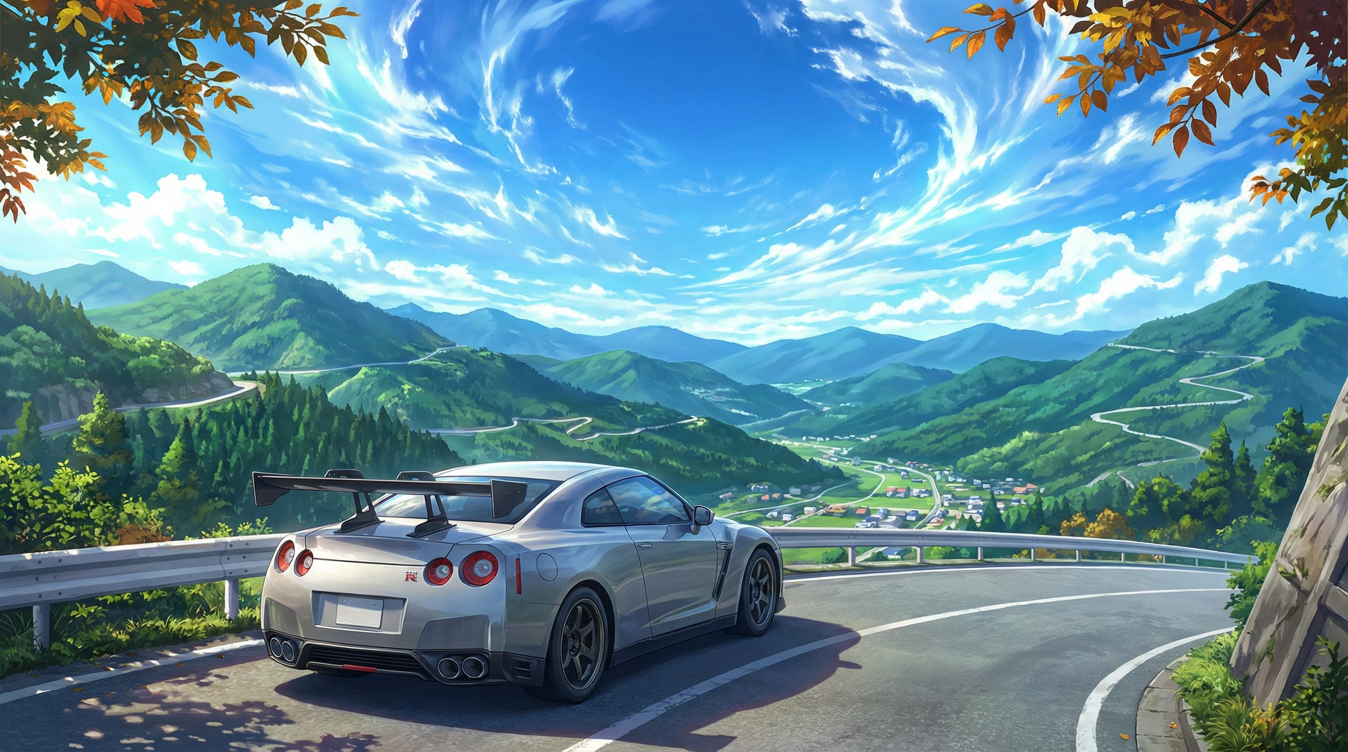 Anime Gtr on Mountain Road with Swirling Clouds