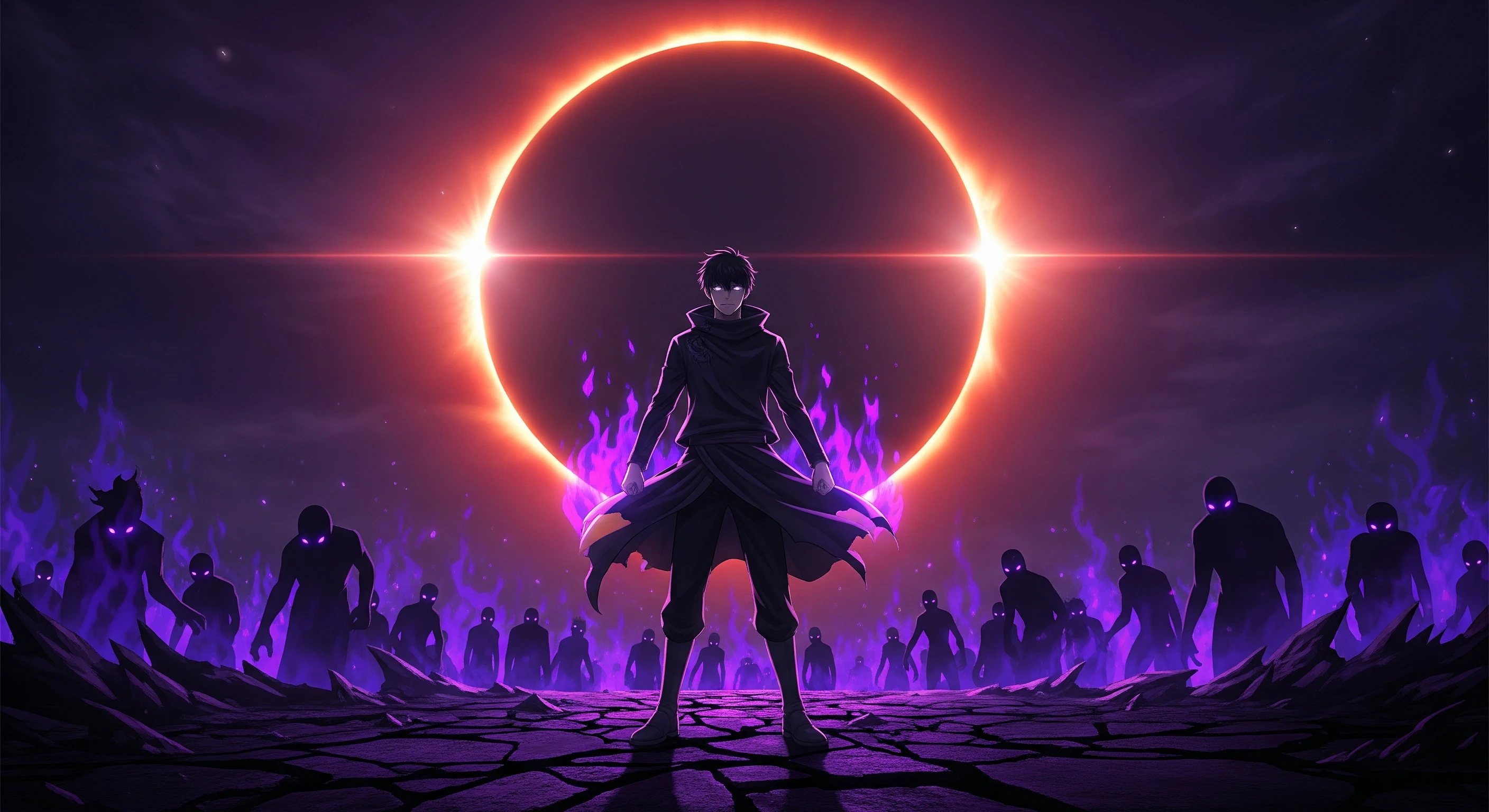 Anime Hero Facing Shadow Army Under Fiery Eclipse