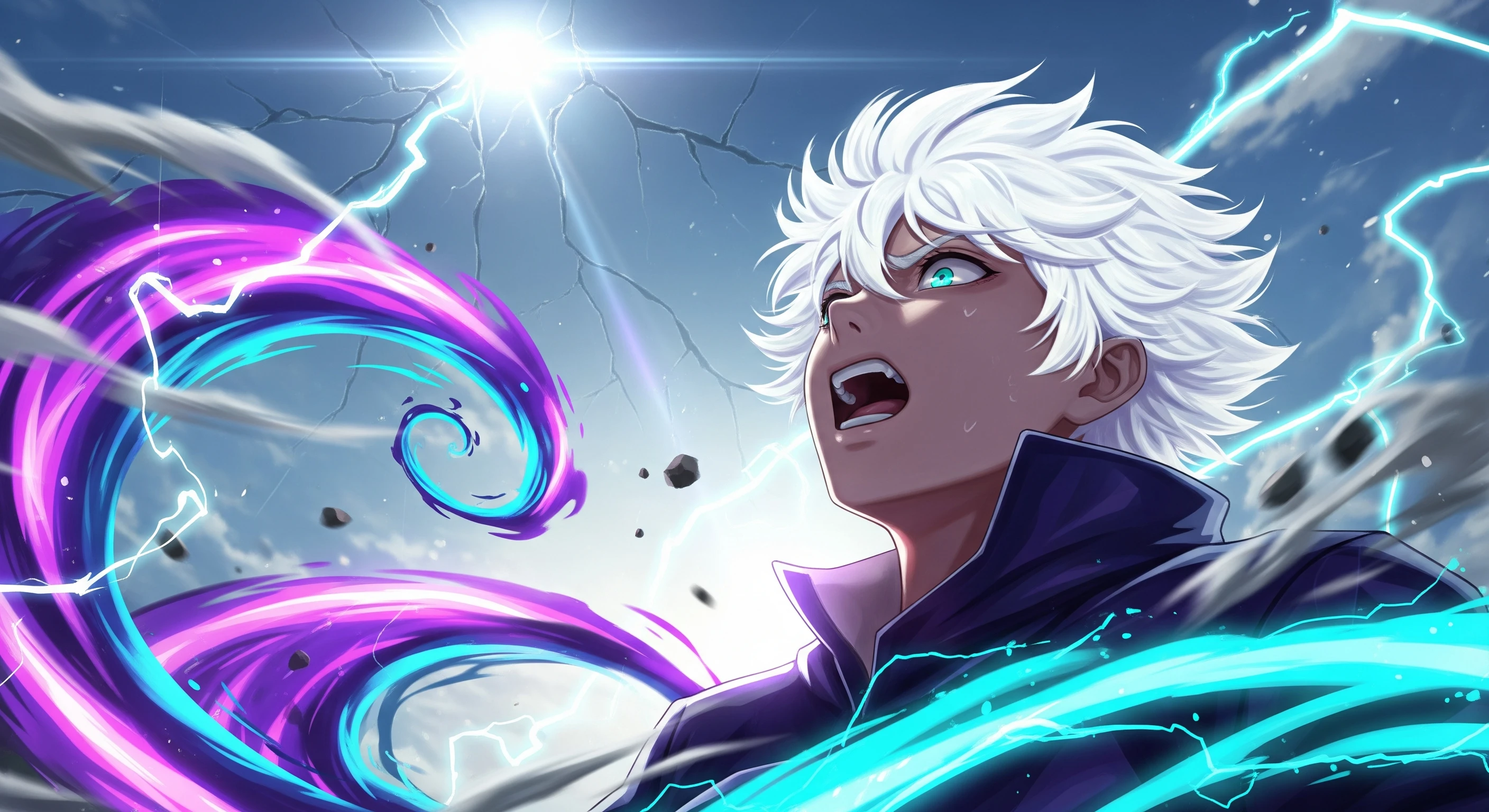 Anime Hero Unleashing Purple Energy Blast