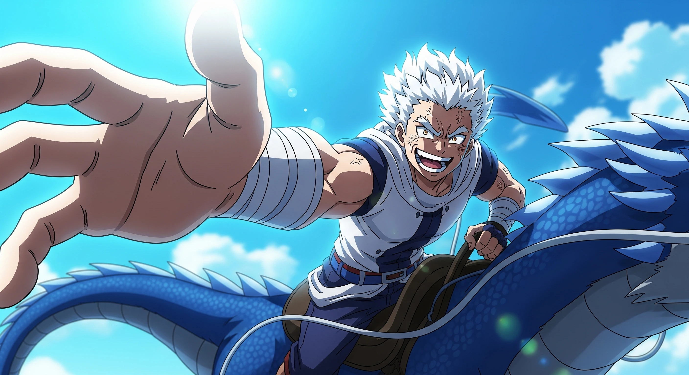 Anime Hero's Dragon Ride Under Azure Skies