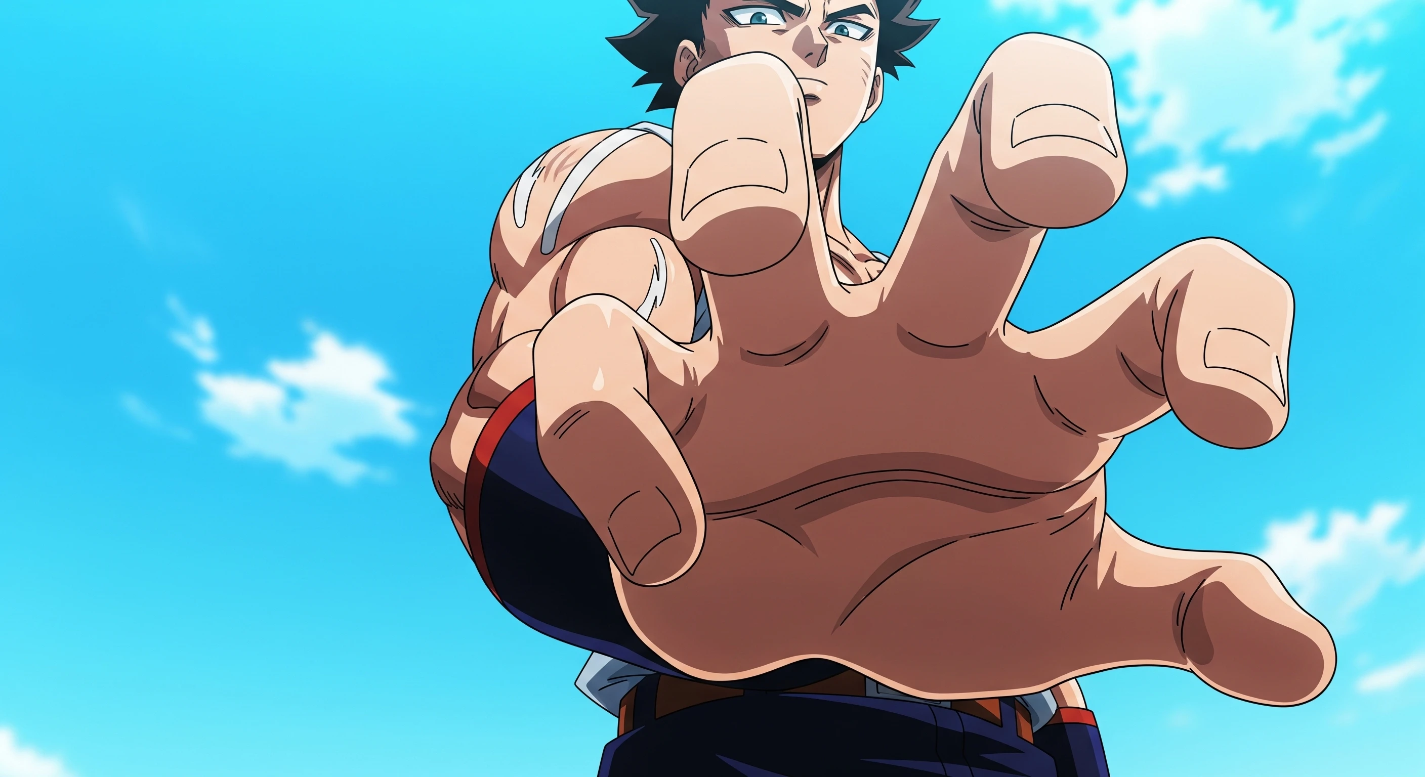 Anime Hero's Grasp Against Azure Sky