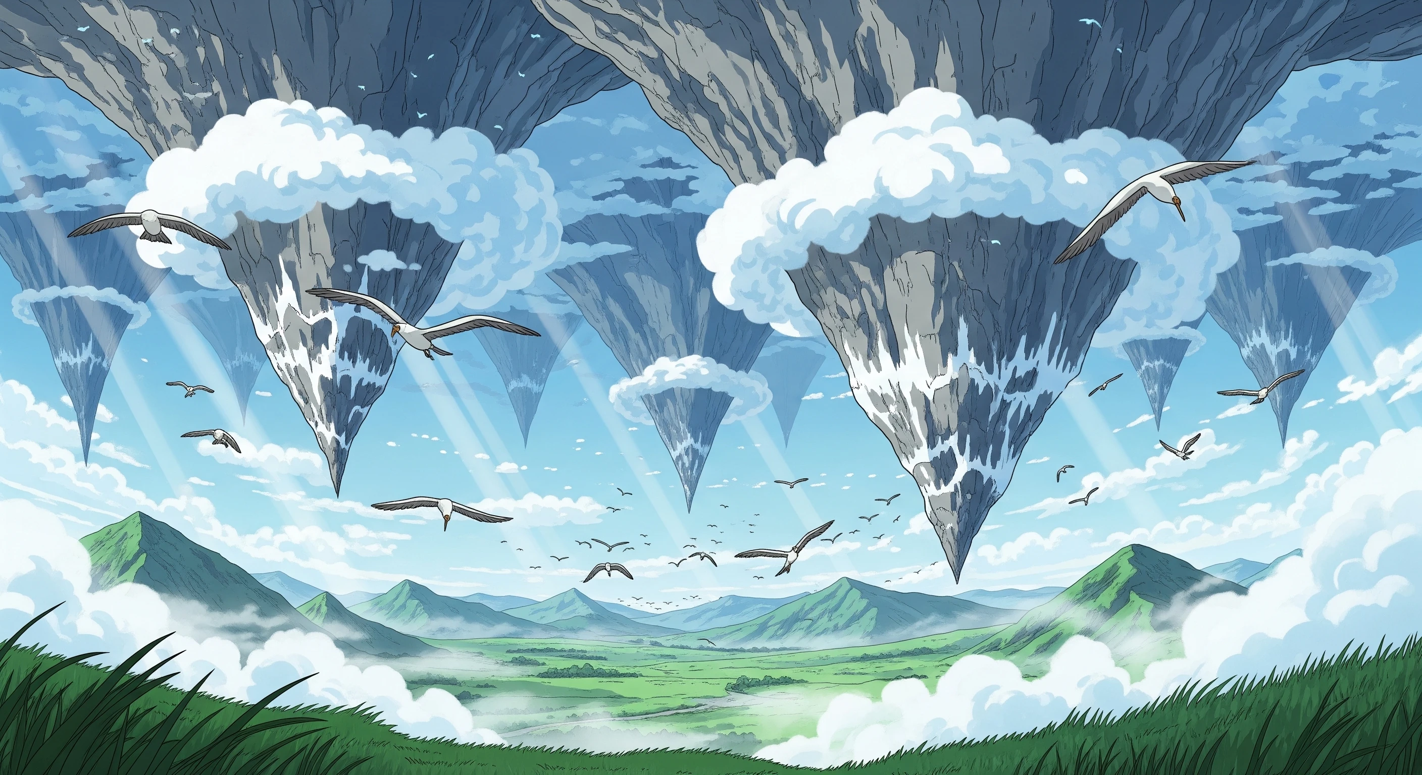 Anime Landscape with Floating Mountains and Birds