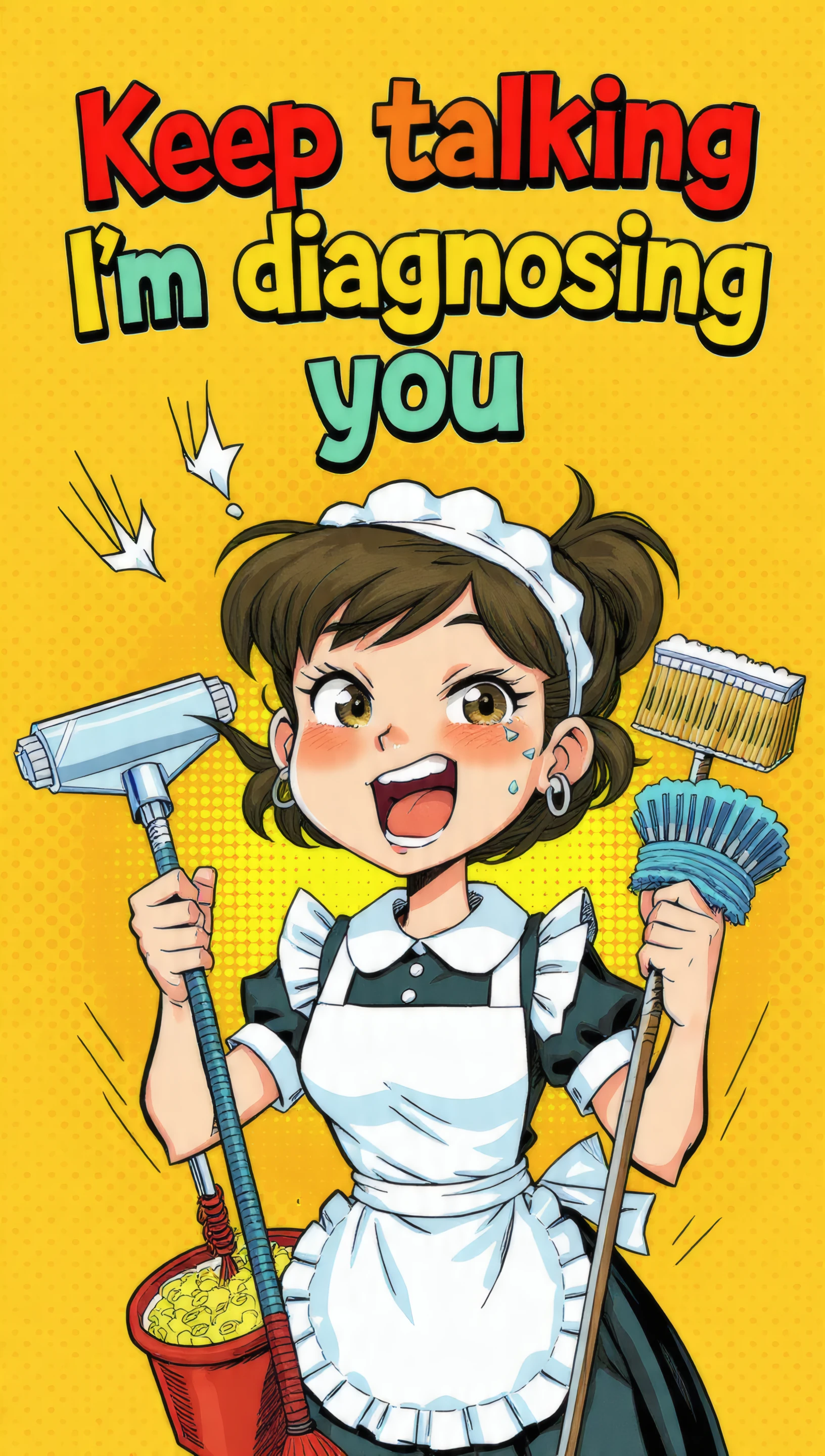 Anime Maid Cartoon with Cleaning Tools on Yellow