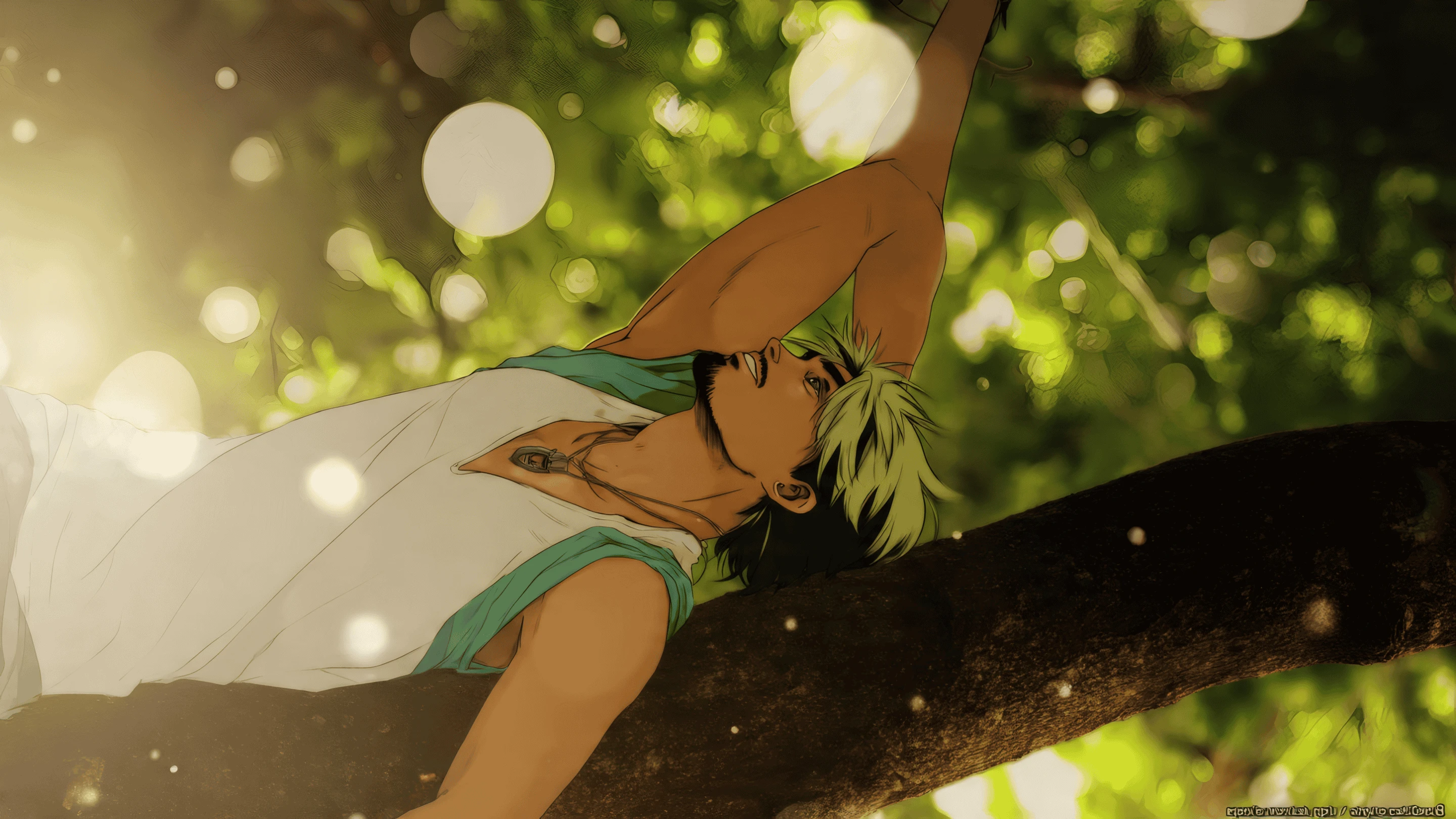 Anime Man with Green Hair Relaxing in Forest Canopy