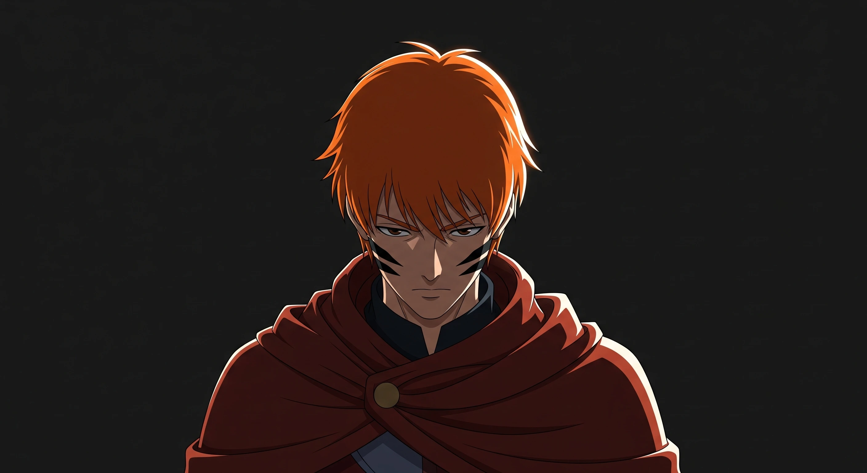 Anime Man with Orange Hair and Cloak on Dark Background
