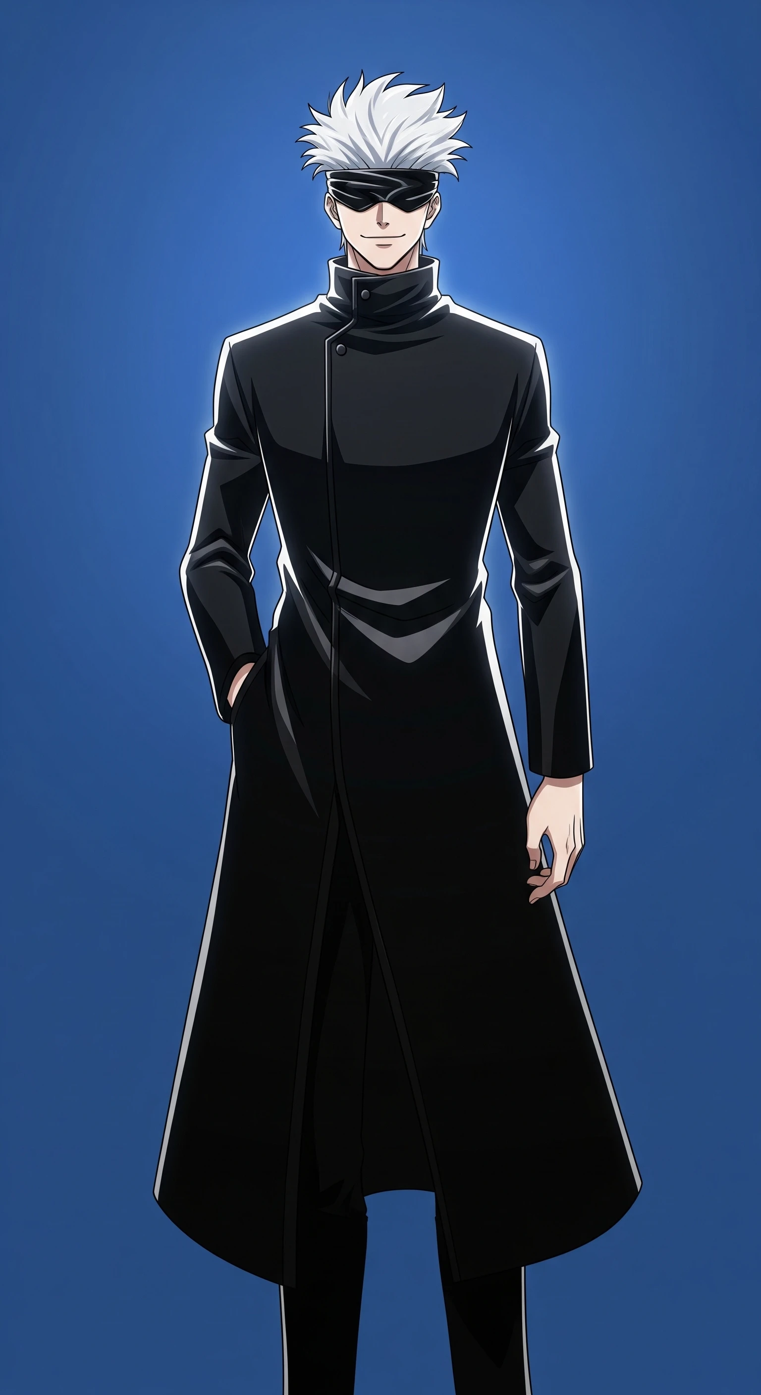 Anime Man with White Hair and Black Coat on Blue