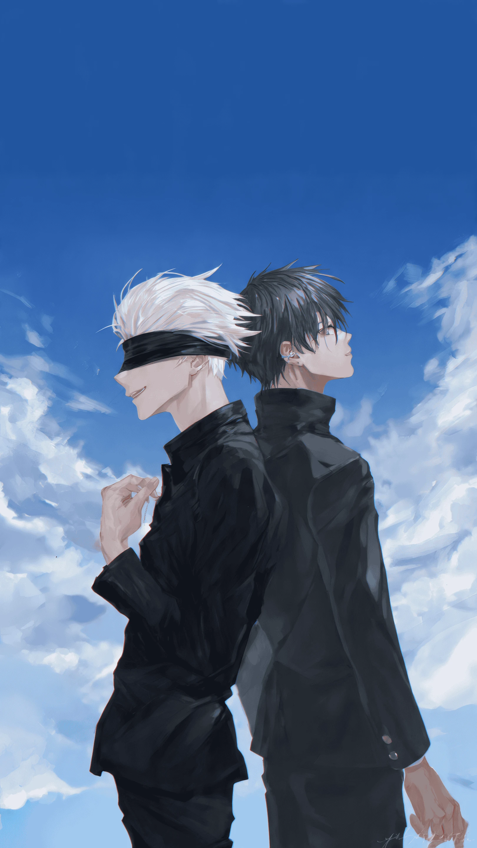 Anime Men in Black Suits Against a Cloudy Sky