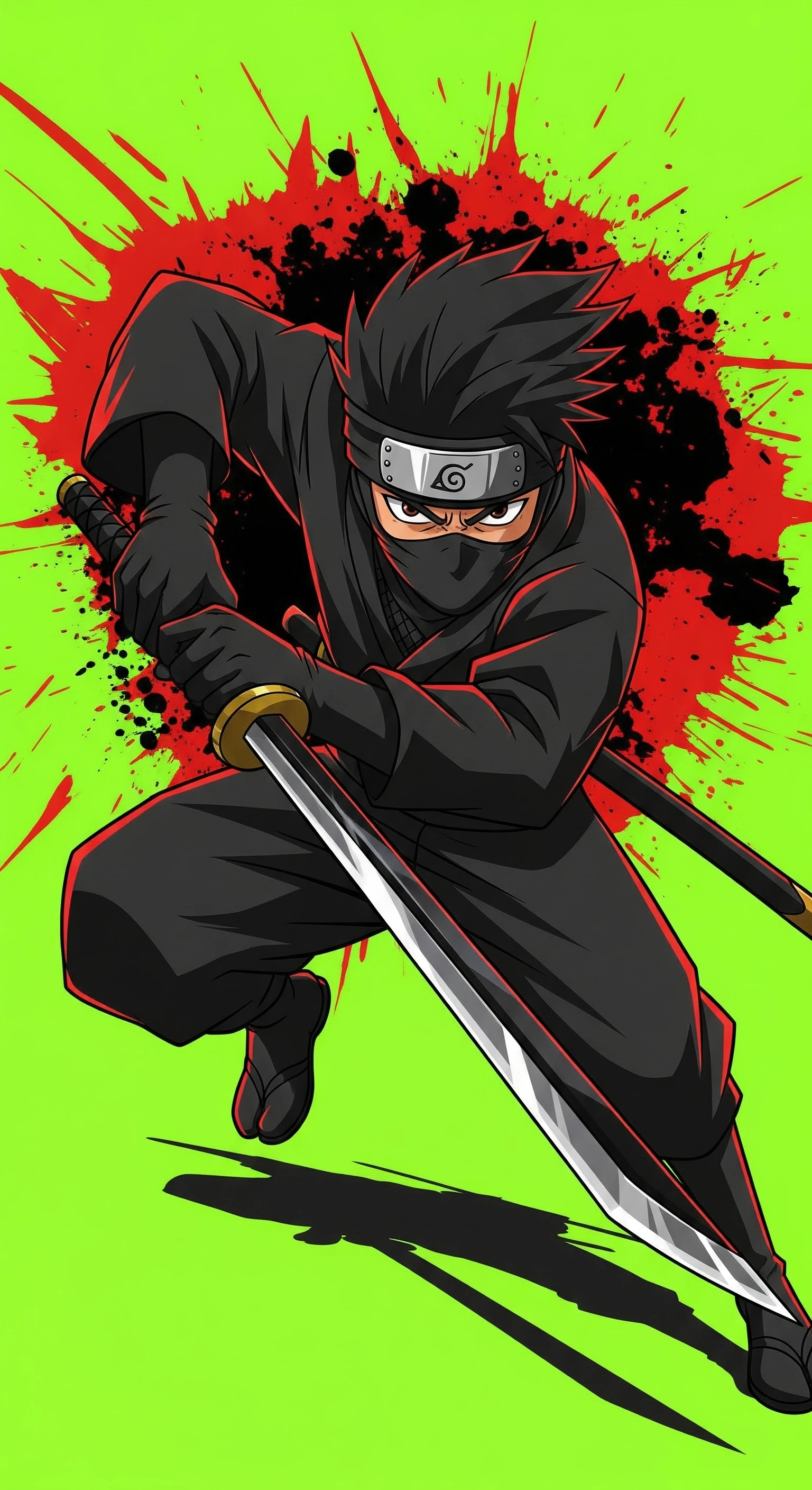 Anime Ninja Warrior in Action Stance with Katana
