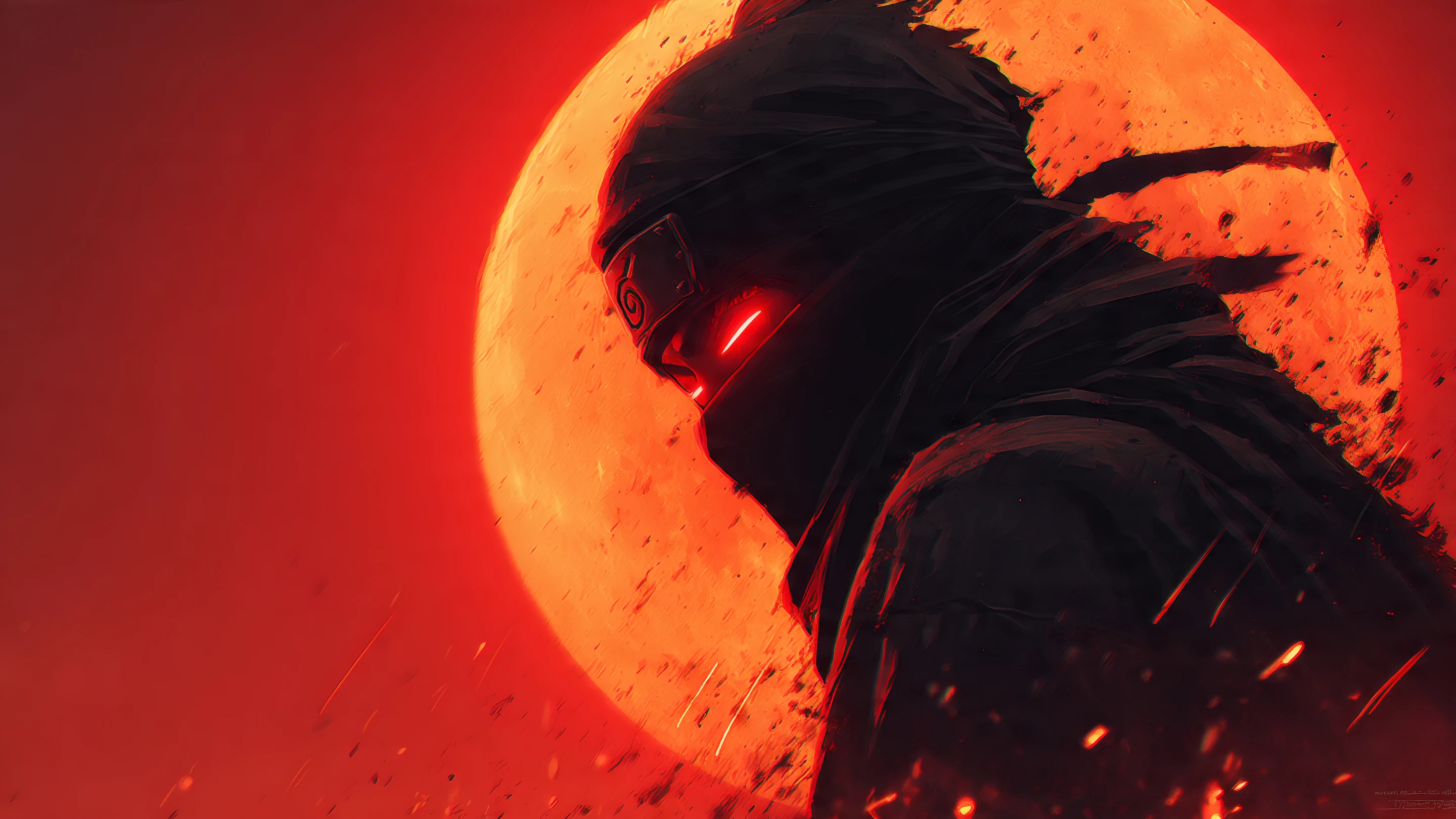 Anime Ninja with Red Eyes and Fiery Moon Backdrop