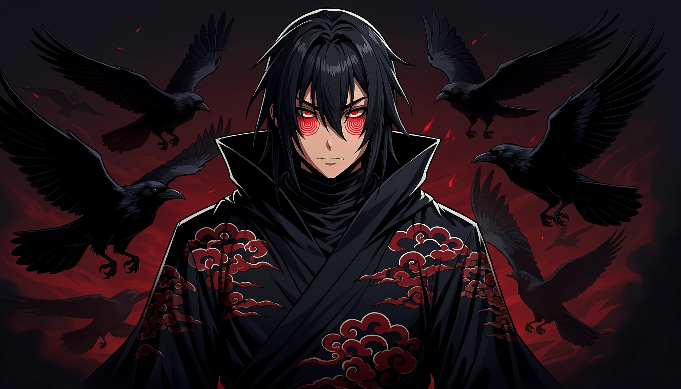 Anime Ninja with Rinnegan Eyes and Crows wallpaper 2688x1536