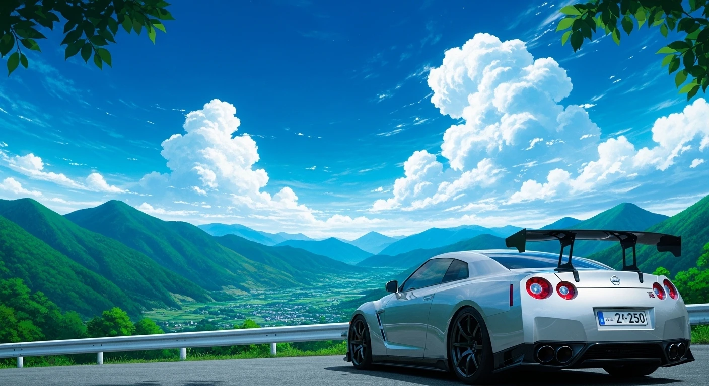 Anime Nissan Gtr Overlook on Mountain Road
