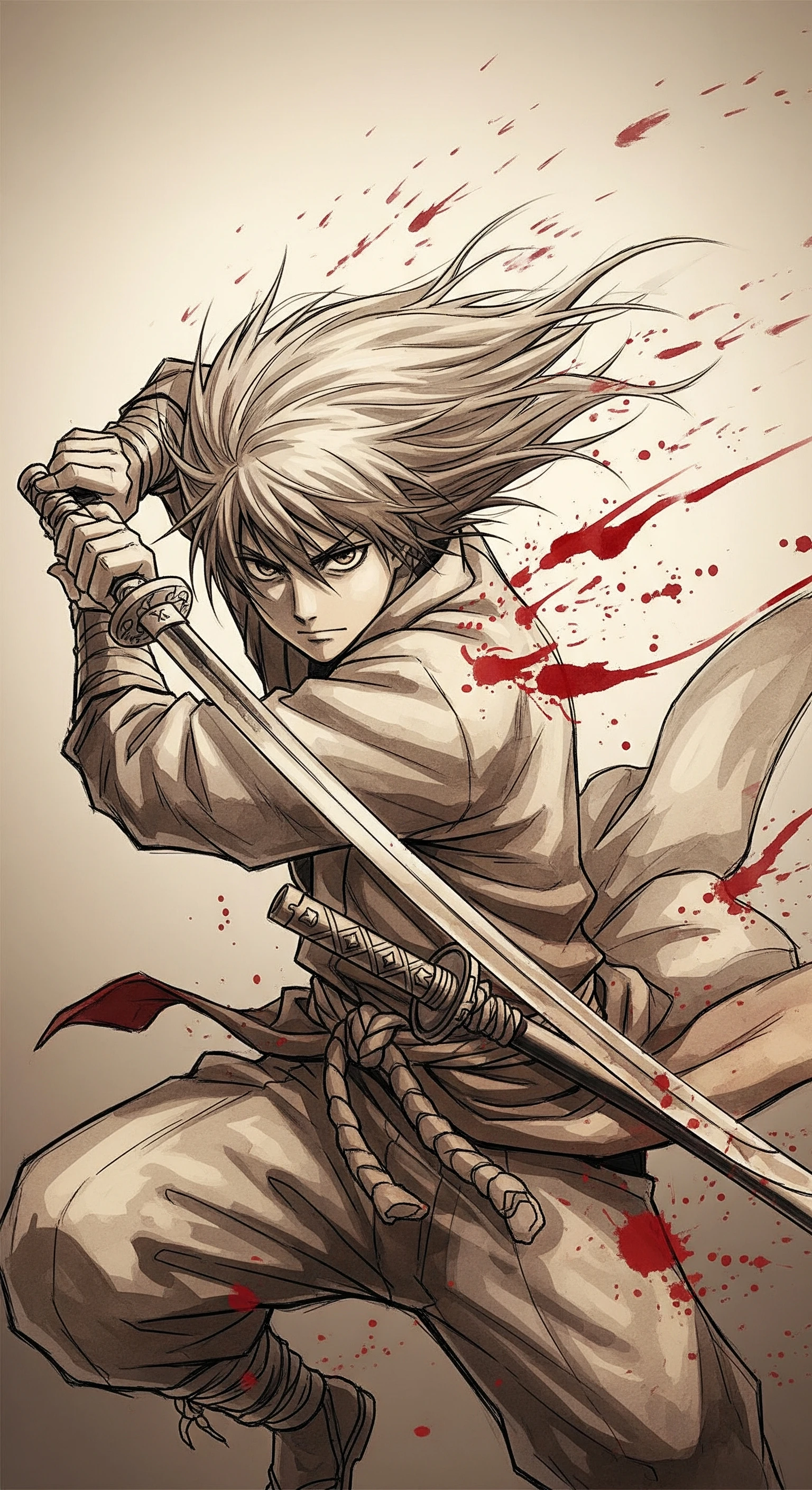 Anime Samurai with Sword and Blood Splatter