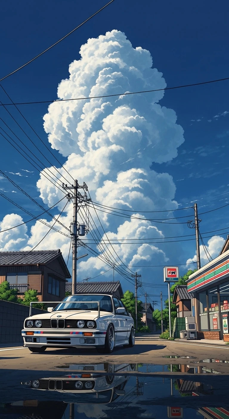 Anime-style Bmw E30 Reflection Under Towering Clouds