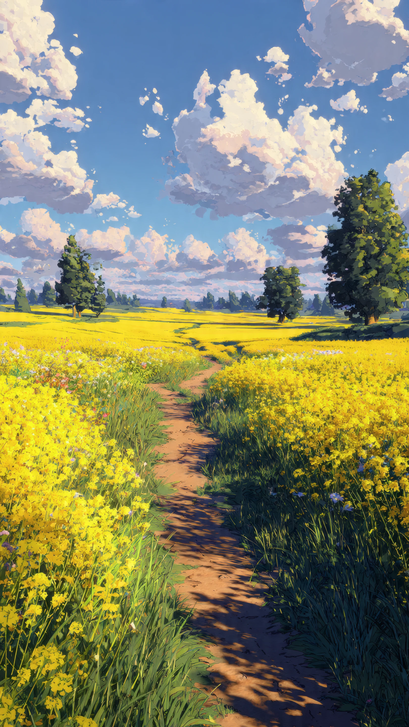 Anime Style Field of Yellow Flowers and Clouds Lost in a Bea