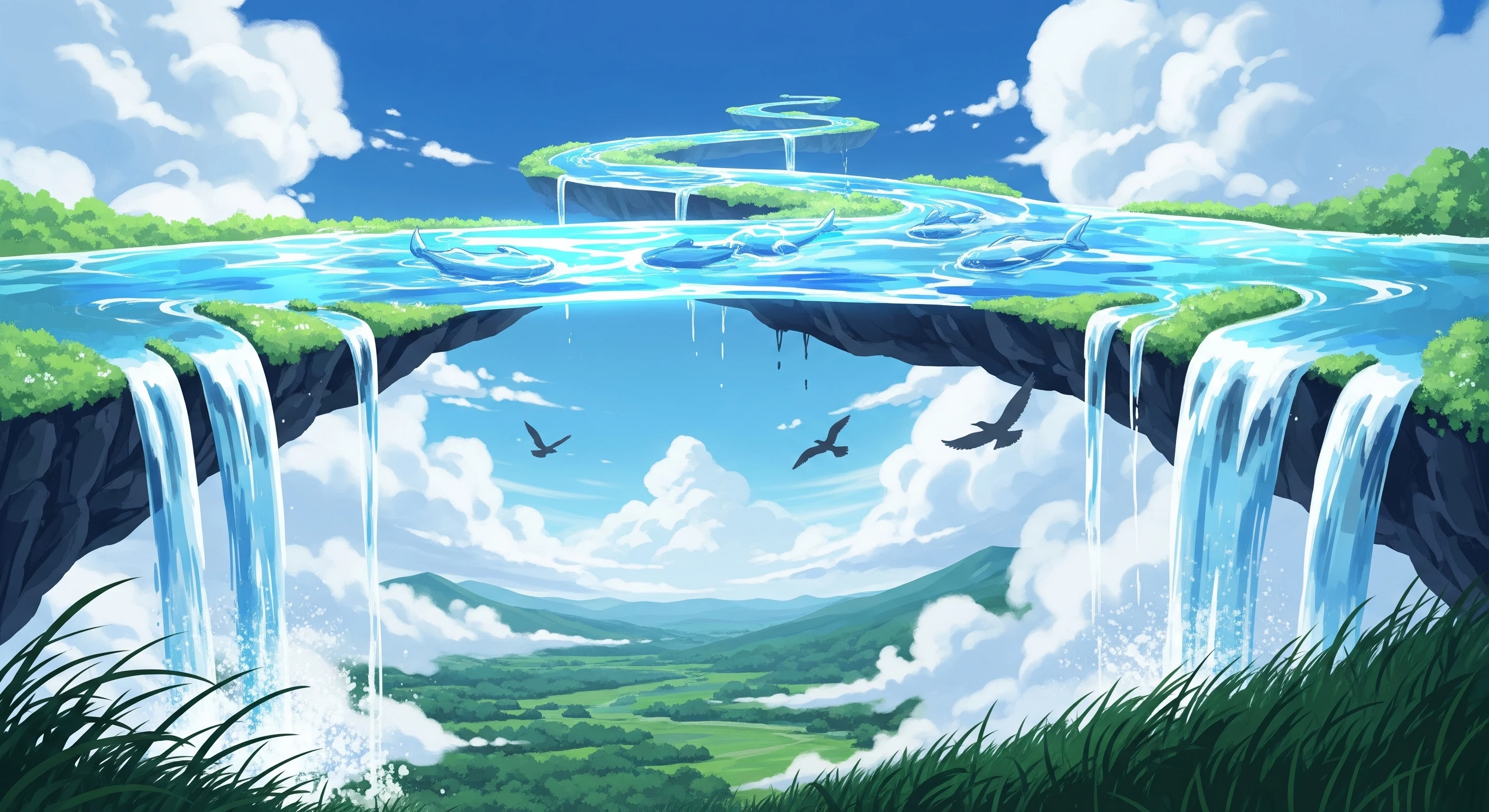 Anime Style Landscape with Floating River and Waterfalls