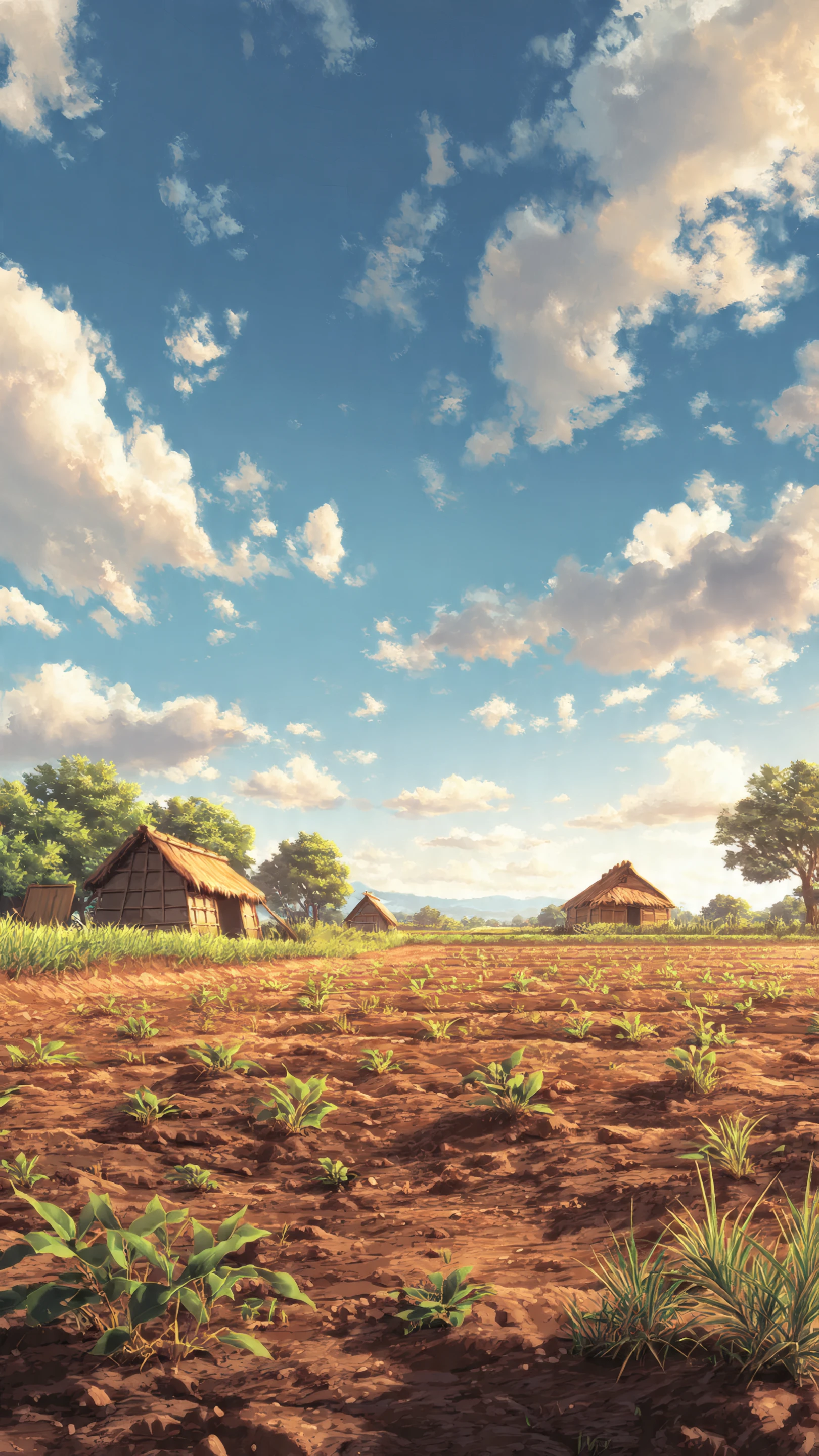 Anime-style Thatched Huts Under a Cloudy Sky