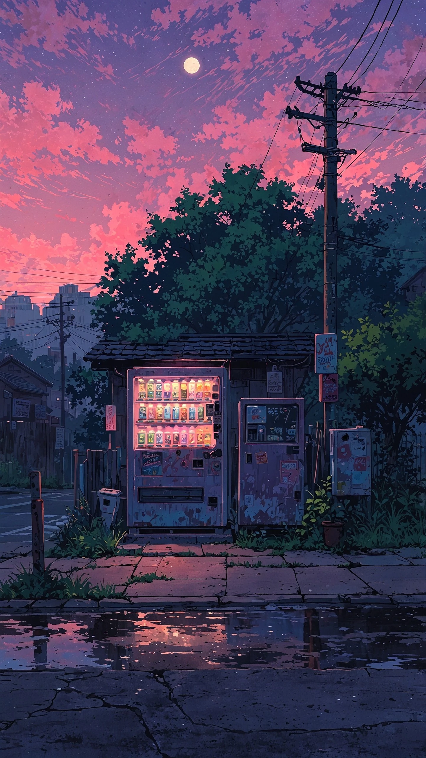 Anime Style Vending Machine with Pink Sky at Dusk
