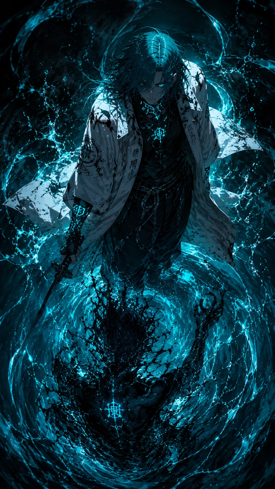 Anime Swordsman Emerging from Cyan Vortex wallpaper 941x1672