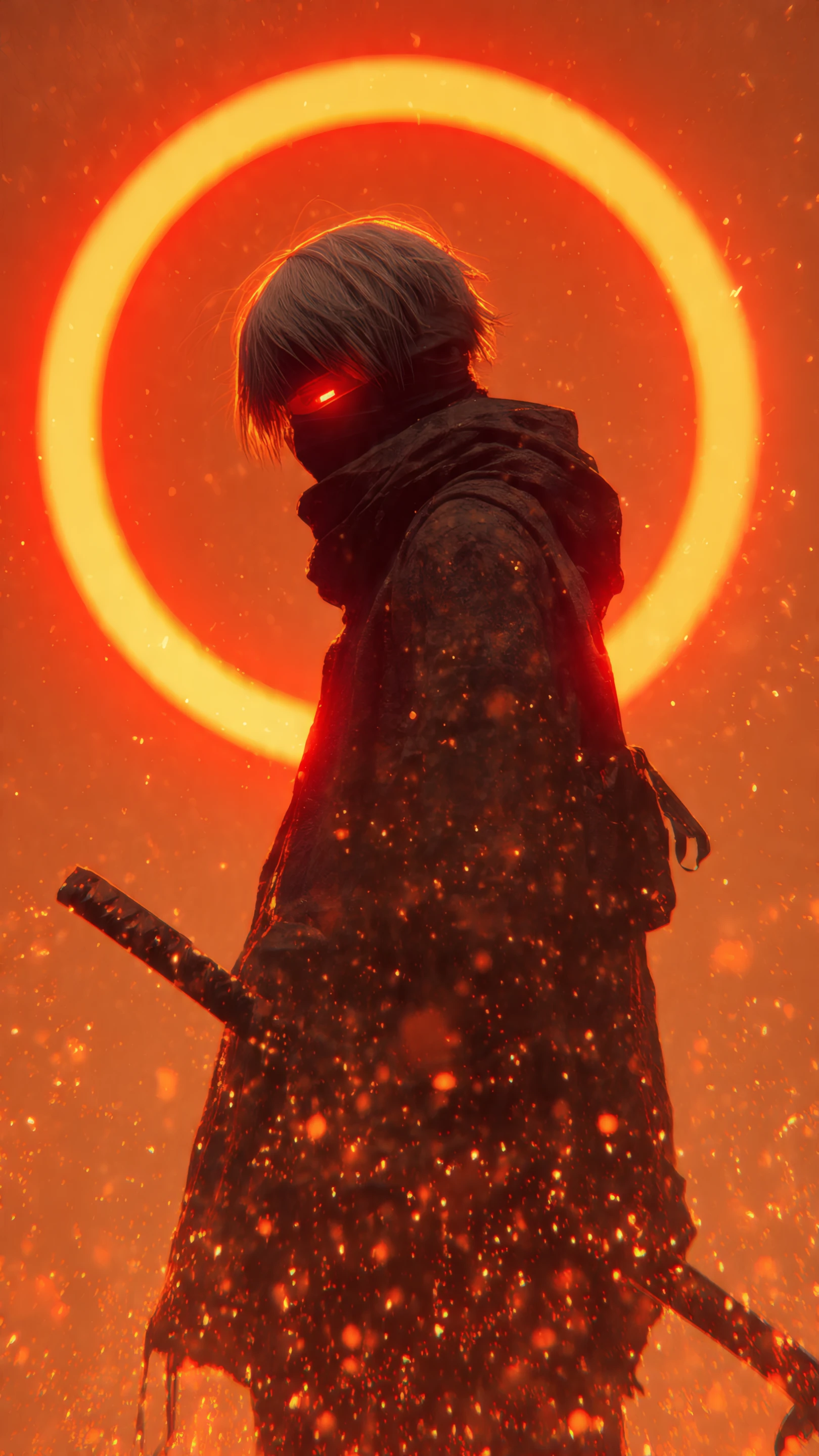 Anime Swordsman with Fiery Aura and Glowing Red Eyes