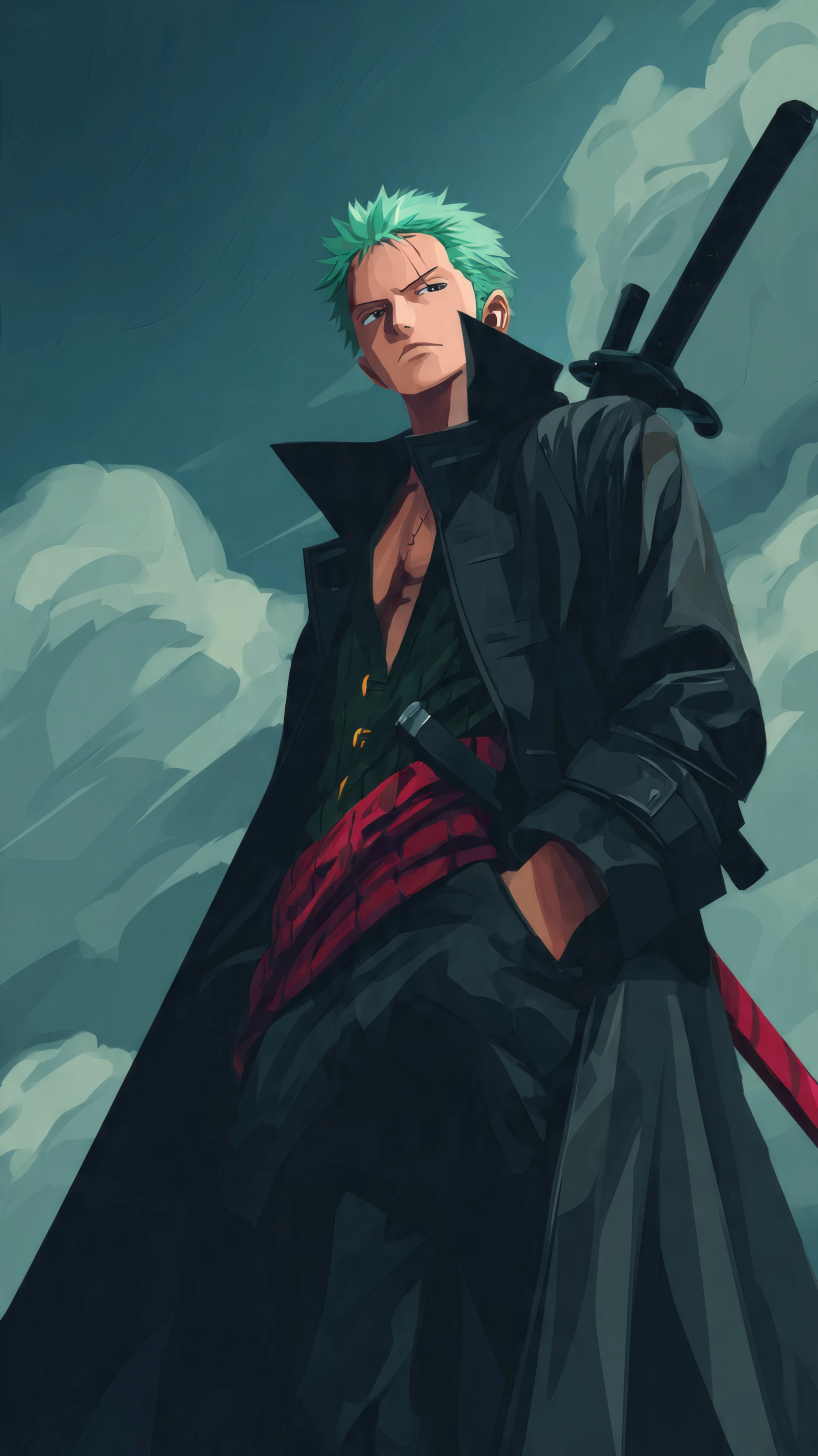 Anime Swordsman with Green Hair and Black Coat