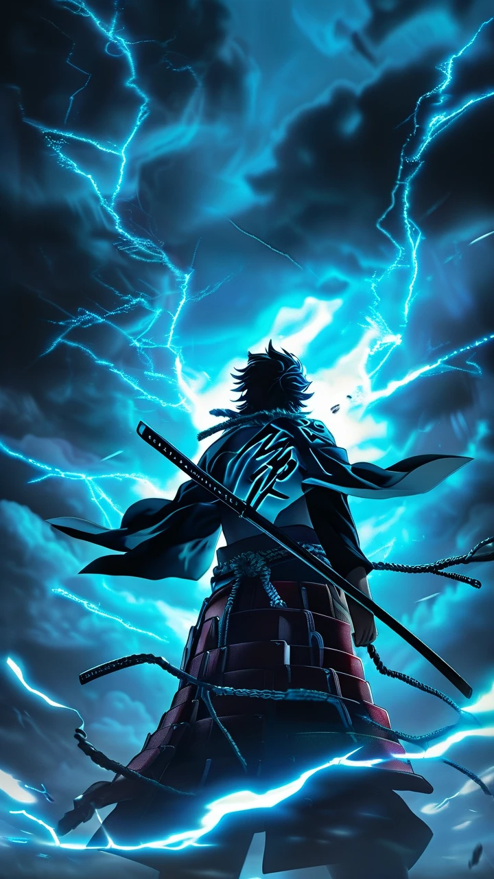 Anime Warrior Backlit by Electric Storm