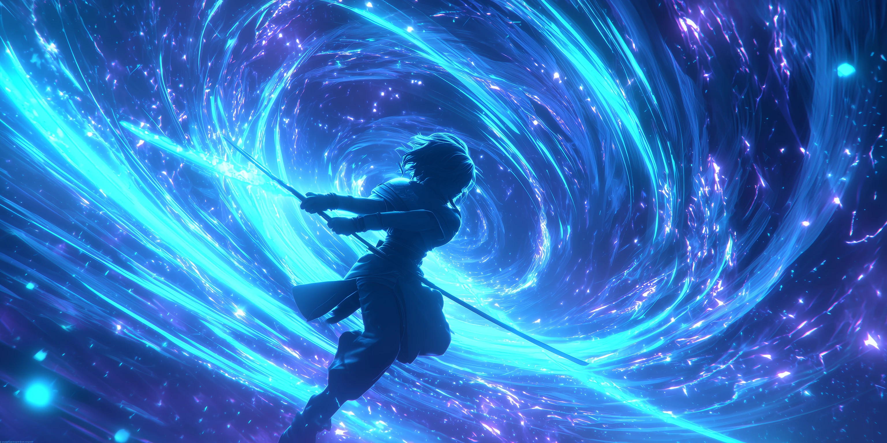 Anime Warrior Silhouette Against a Swirling Galaxy