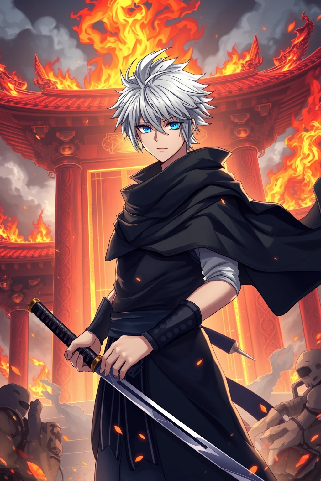 Anime Warrior with Sword Amidst Fiery Destruction