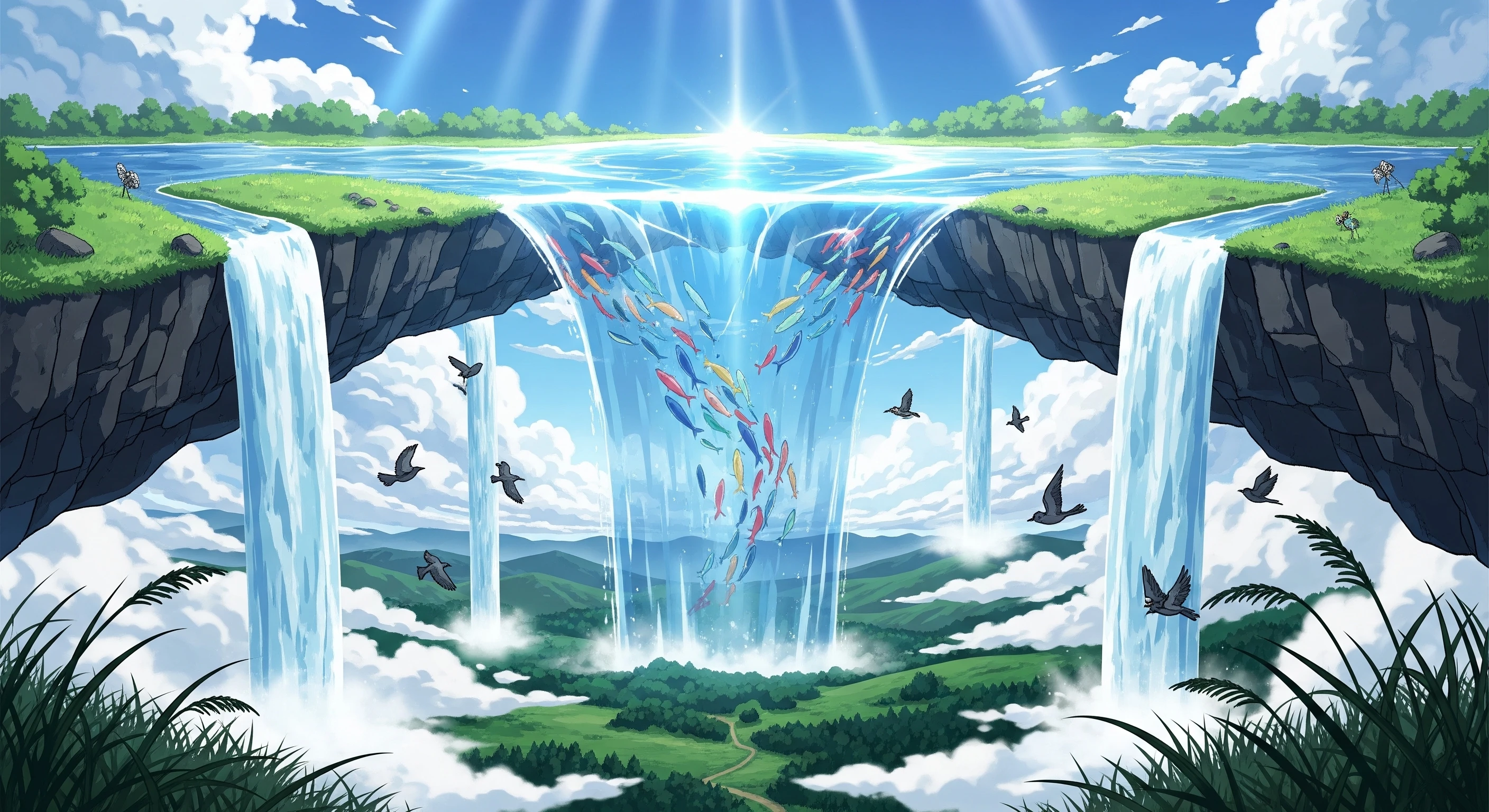 Anime Waterfall Landscape with Colorful Fish and Birds
